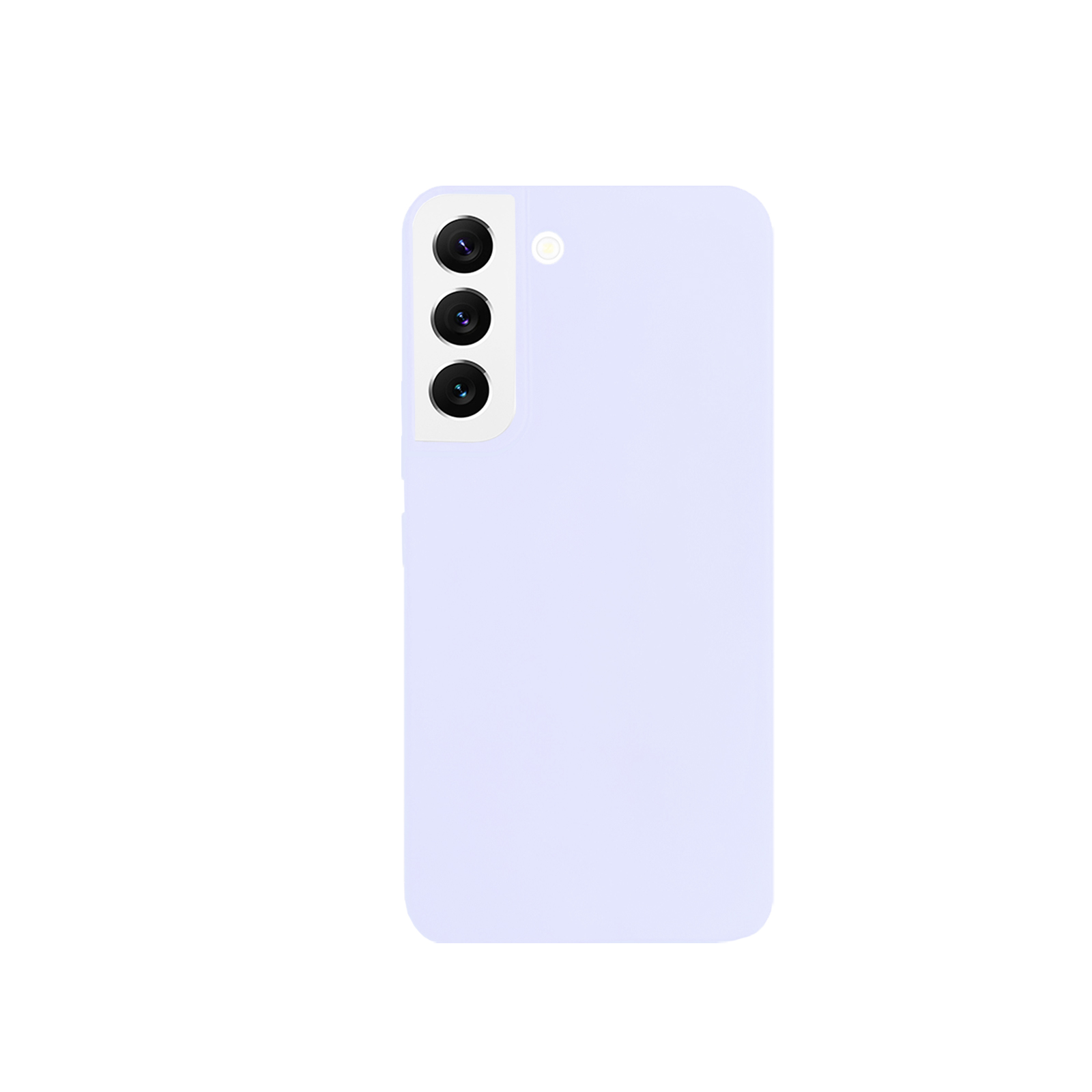 Ein Telefon mit einer lila Hülle. Das Telefon hat eine Dreifachkamera.