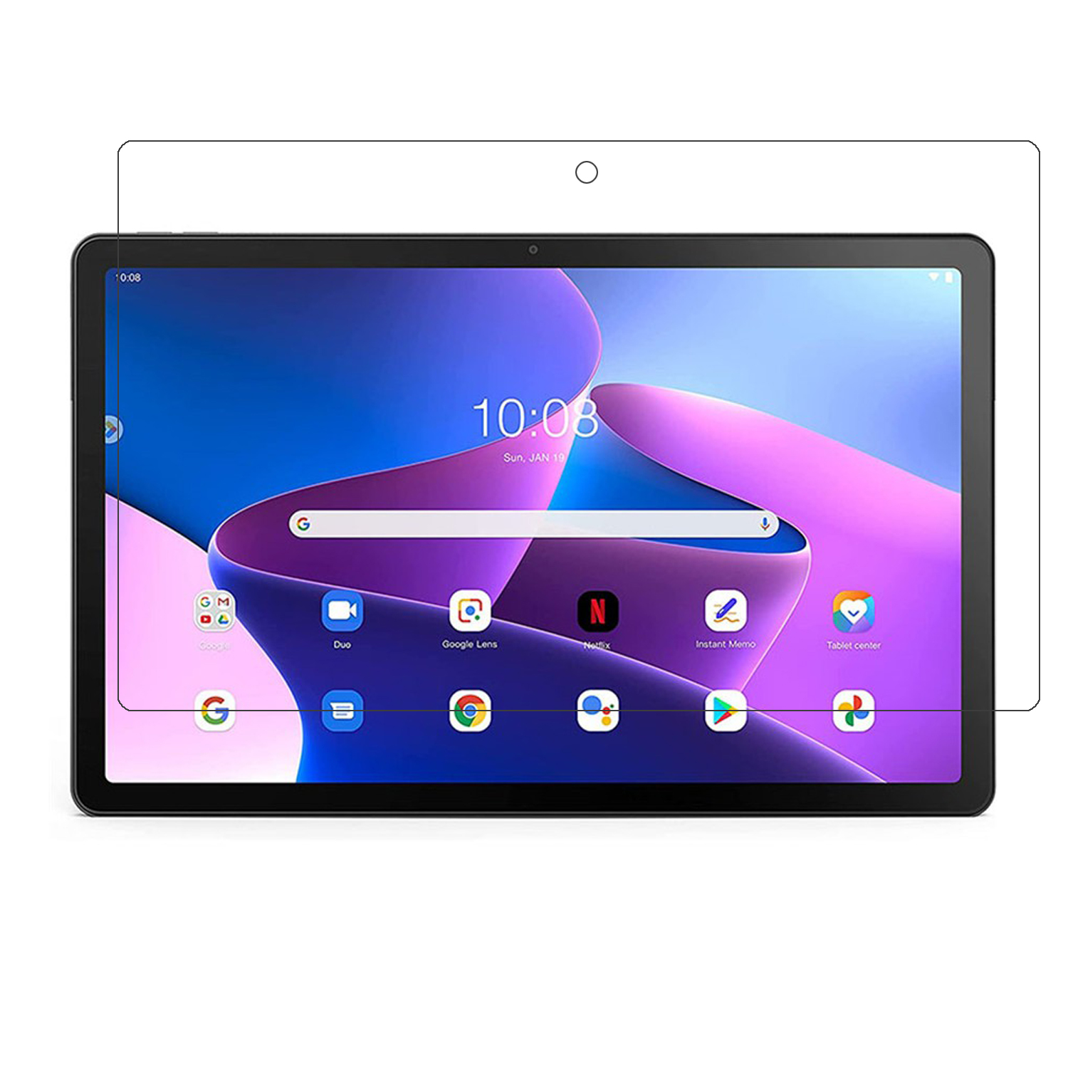 Ein Tablet mit Displayschutz, zeigt eine bunte Oberfläche mit Apps.