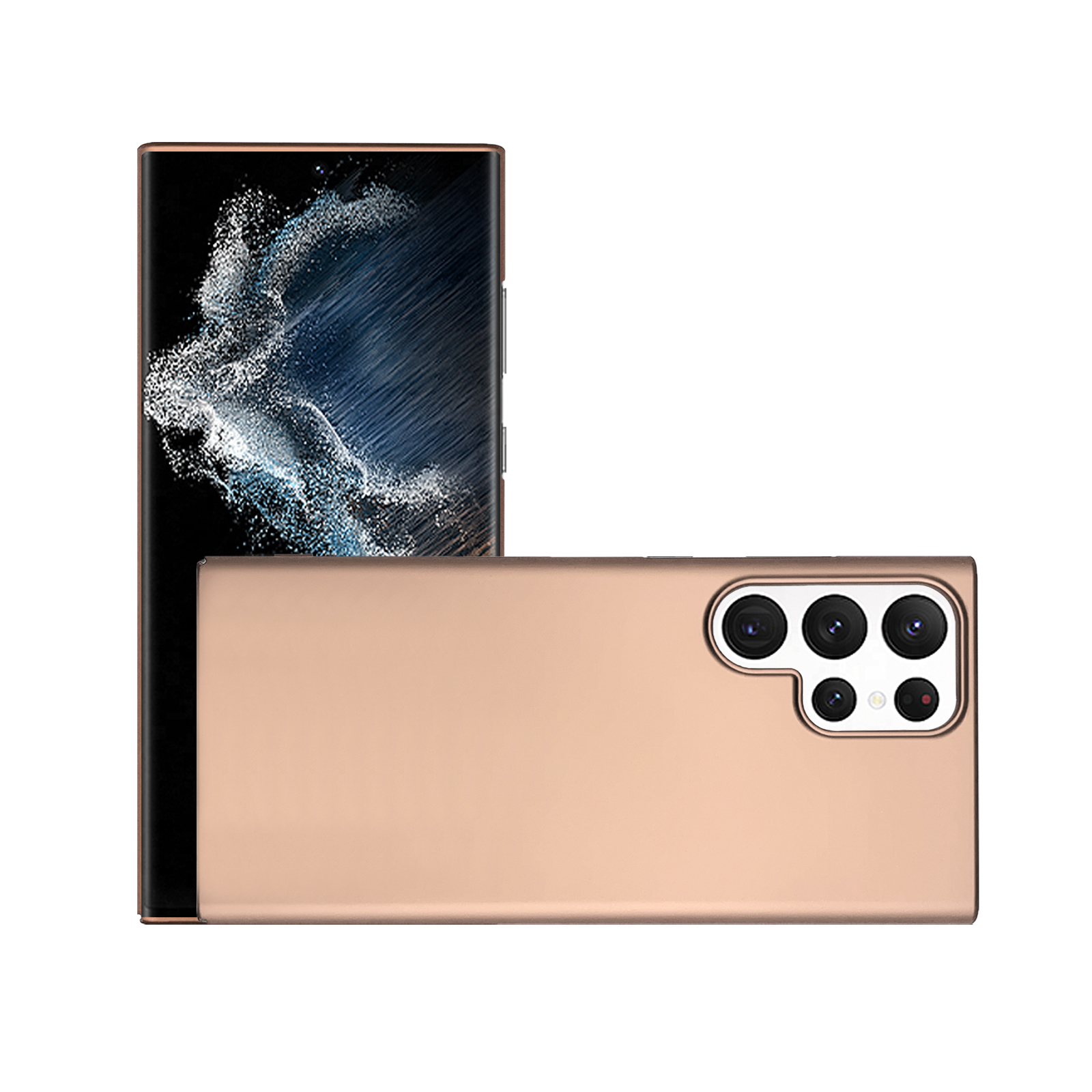 Zwei goldene Telefone, eines stehend und das andere liegend, beide mit mehreren Kameras.
