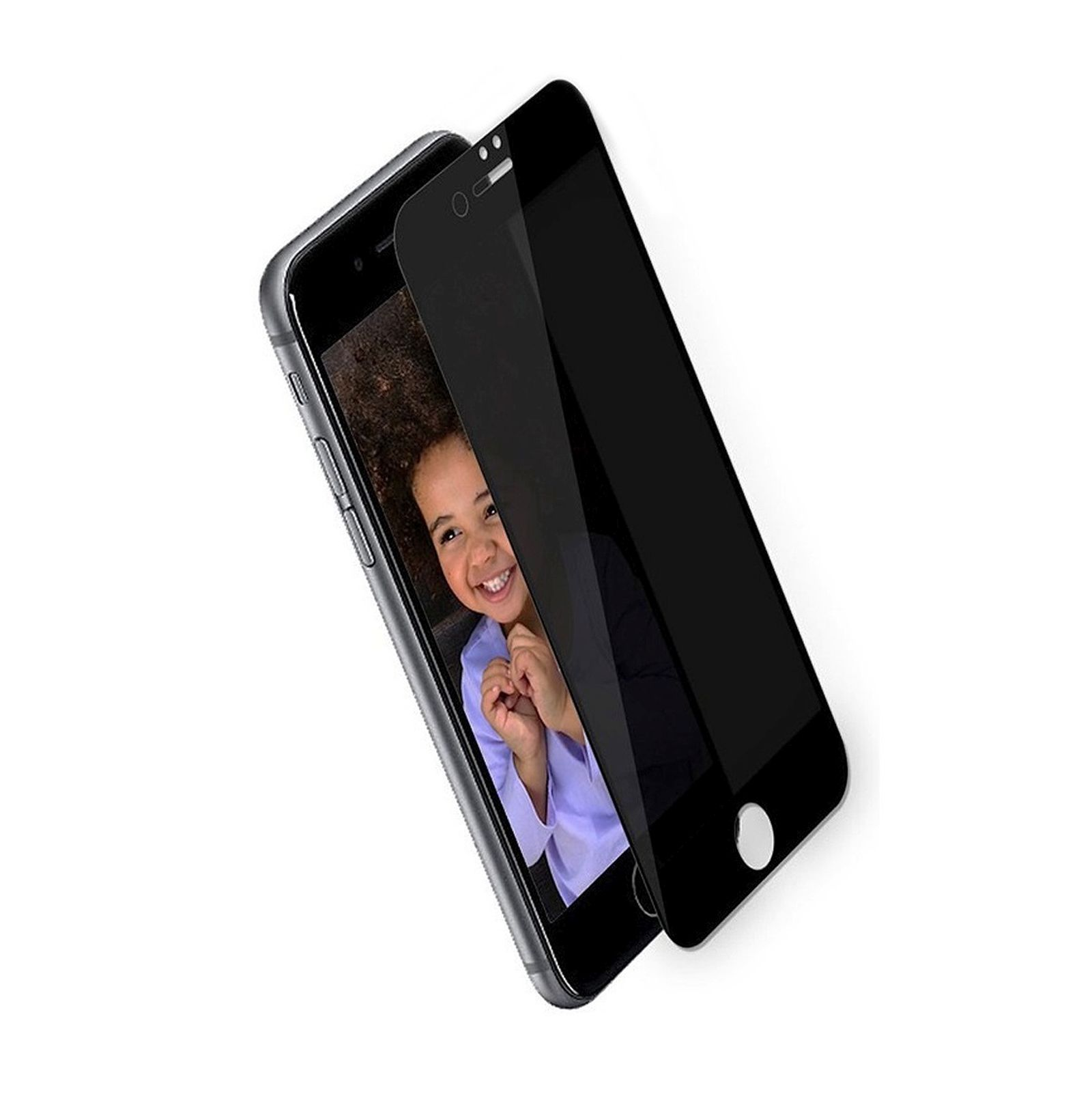 Ein Telefon mit Displayschutz, das das Gesicht eines lächelnden Mädchens zeigt.