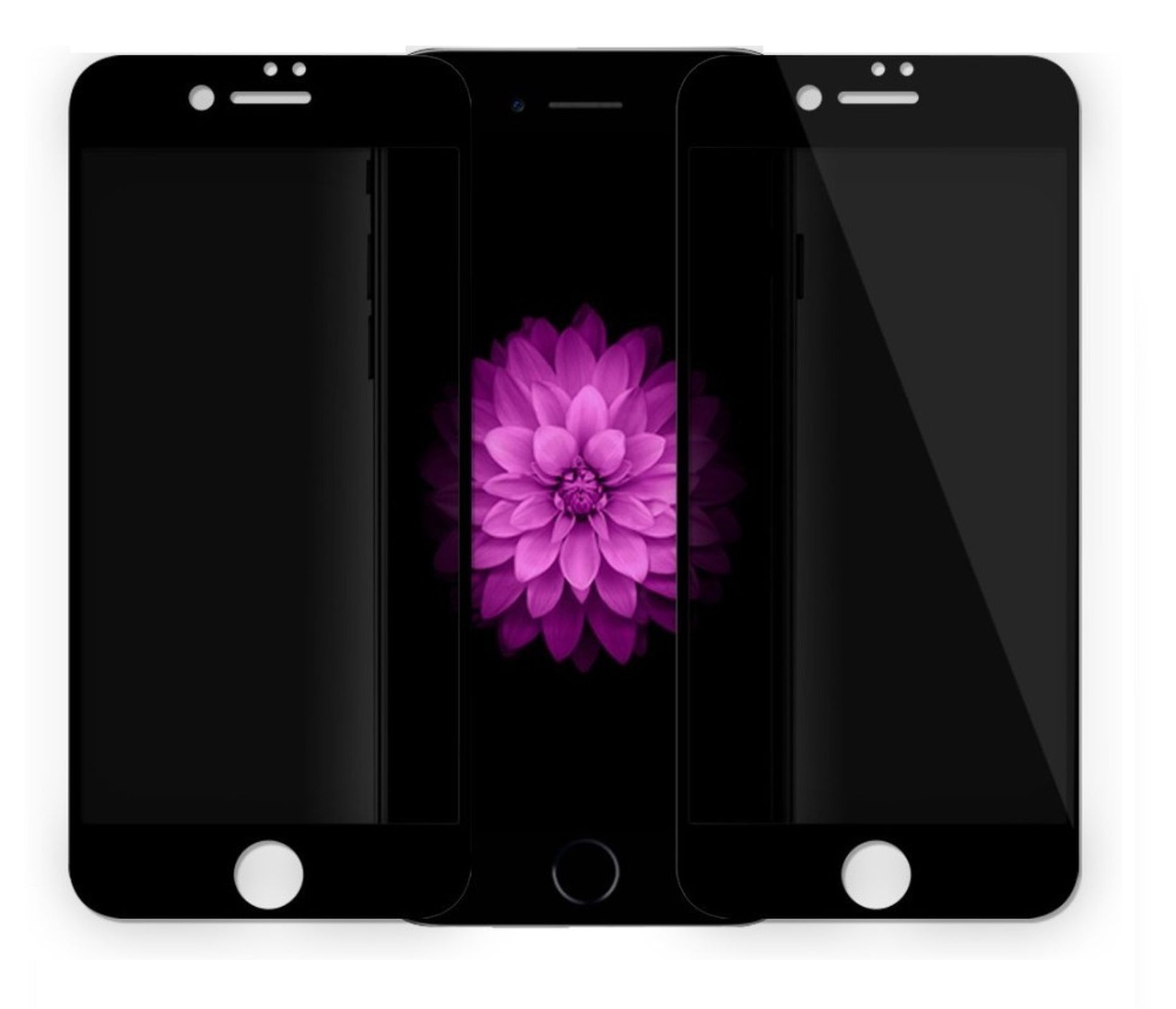 Drei schwarze Smartphone-Displayschutzfolien, mit einem lila Blumenhintergrund in der Mitte.