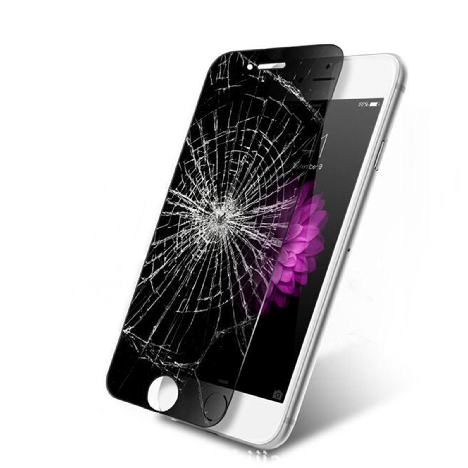 Ein zerbrochener Displayschutz auf einem Telefon mit einem Blumenbild.