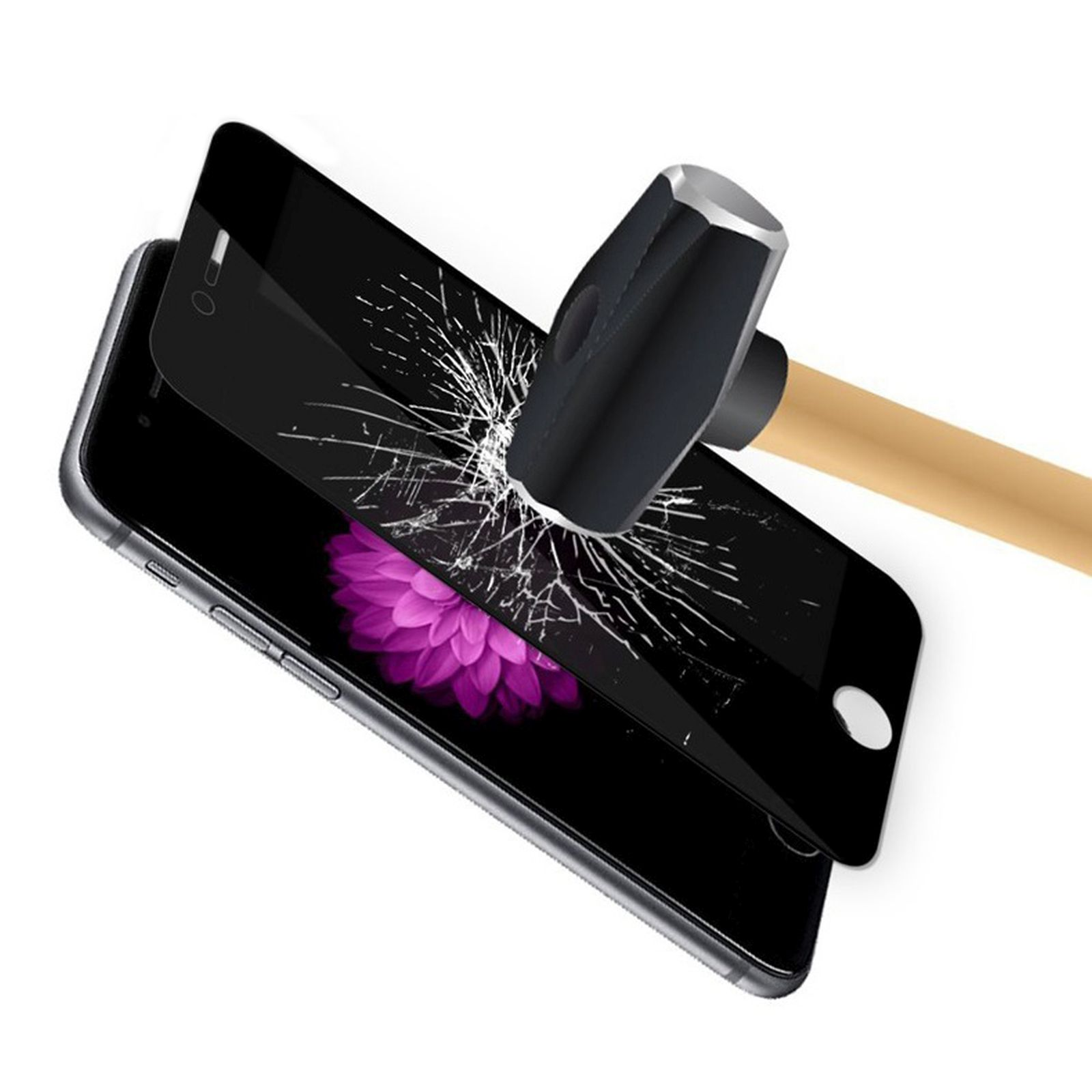 Ein Telefon mit gesprungenem Bildschirm, ein Hammer kurz davor, das Telefon zu treffen.
