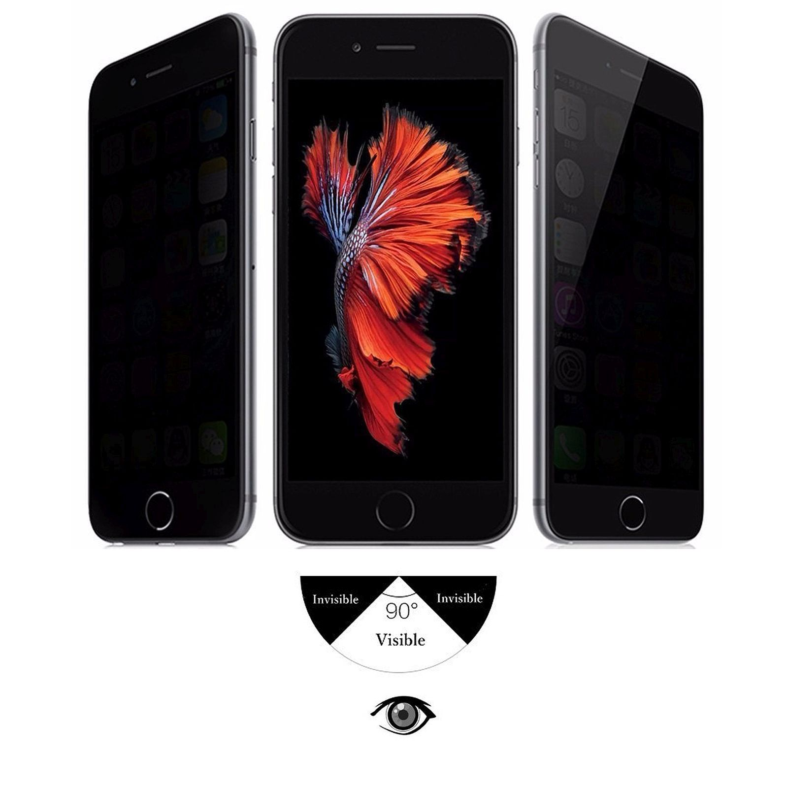 Drei Smartphones, zwei schwarz, eines mit farbigem Fisch. Unsichtbare und 90°-Winkel sichtbar.