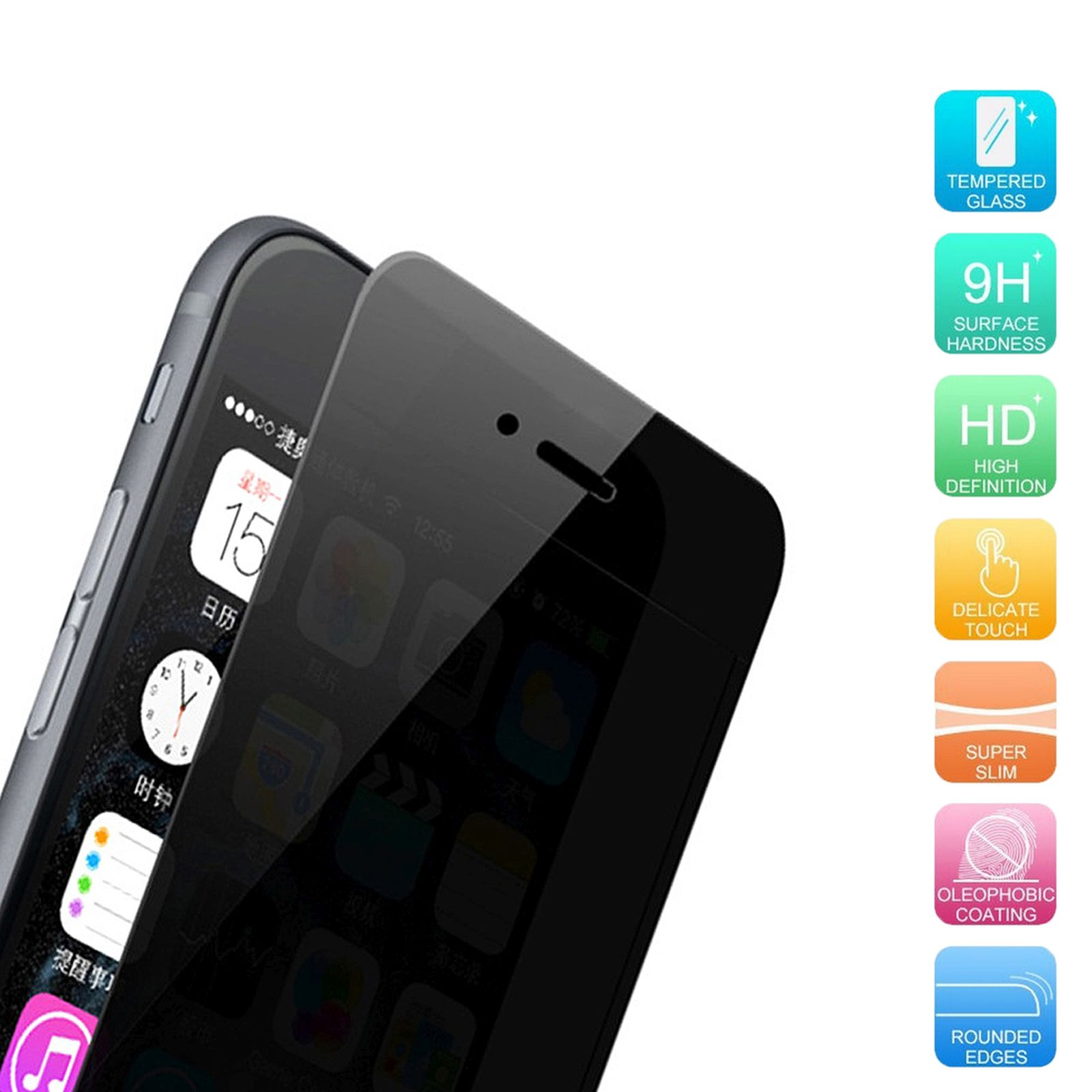 Zwei Telefone mit Displayschutzfolien. Symbole zeigen gehärtetes Glas, HD und andere Funktionen an.