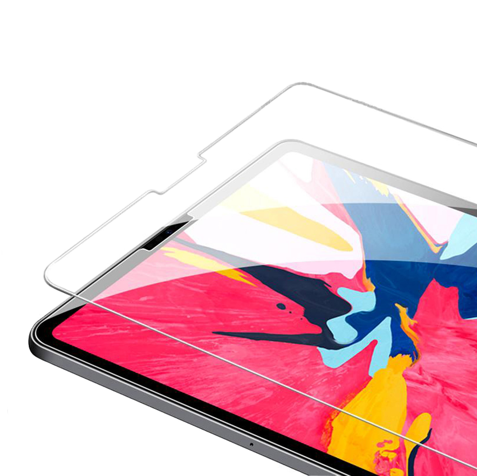Primo piano di un iPad con protezione schermo. L'iPad ha uno sfondo rosa. La protezione è trasparente.