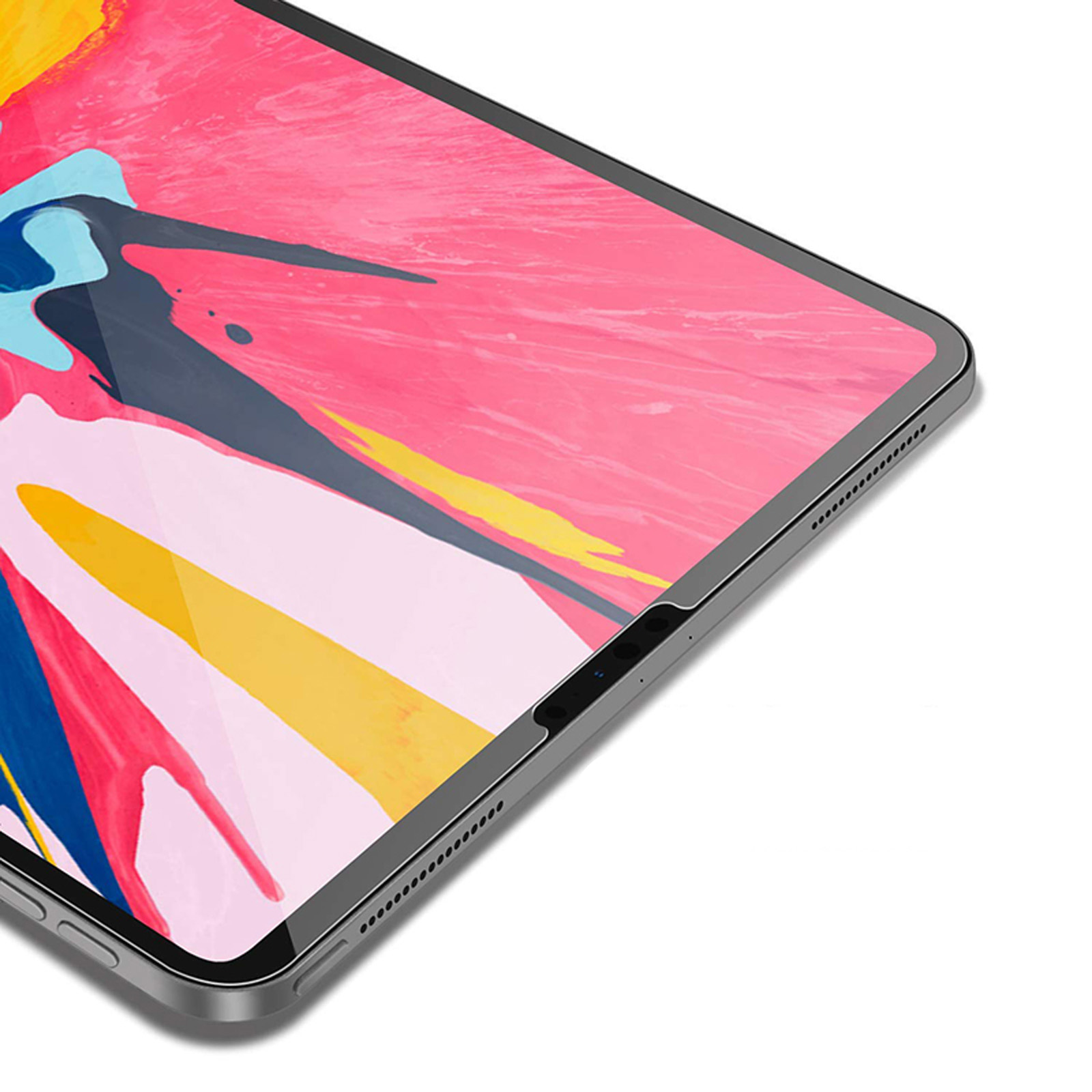 Angolo del tablet, che mostra lo schermo e il bordo del dispositivo. Schermo rosa e blu.