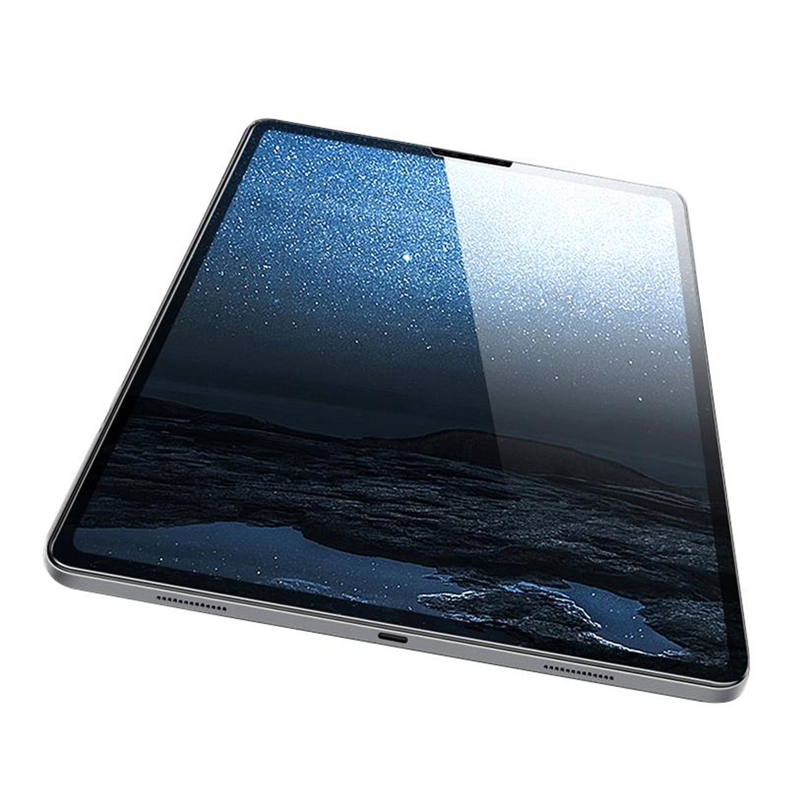 Tablet con cielo scuro e stellato sullo schermo, su sfondo bianco.