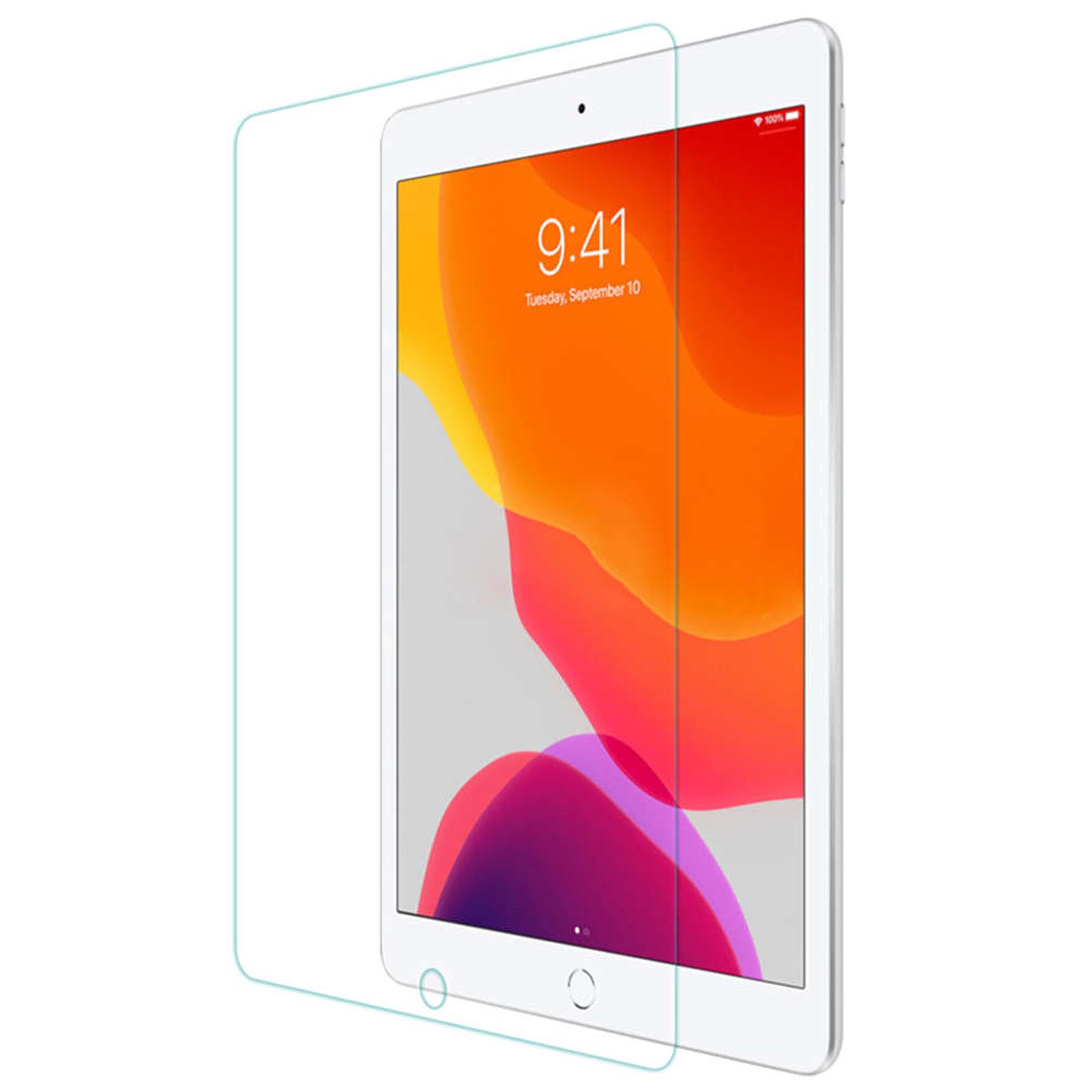Ein iPad mit Displayschutz. Der Bildschirm zeigt ein farbenfrohes Bild und Uhrzeit.