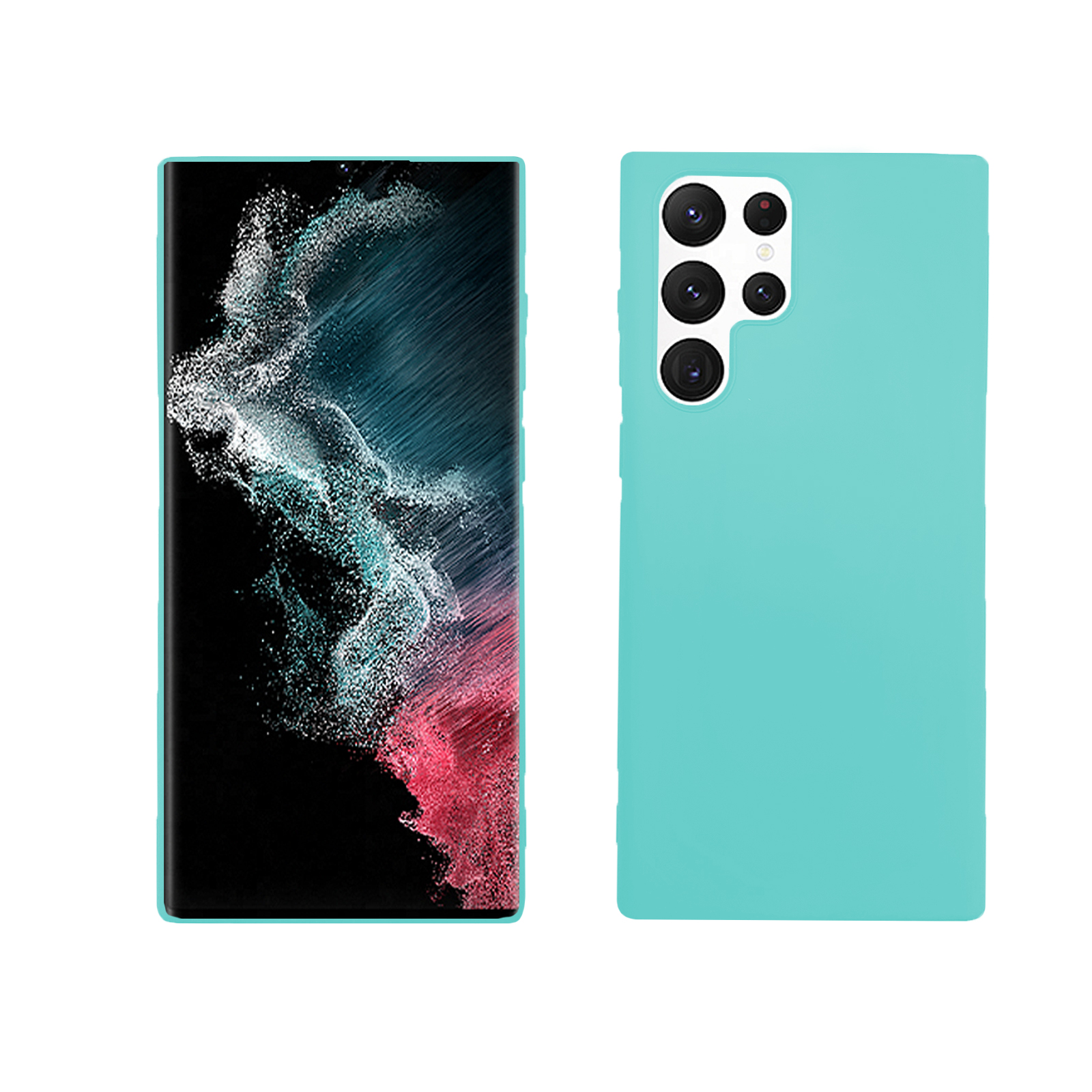 Ein Telefon und eine Hülle. Das Telefon hat ein farbenfrohes Display. Die Hülle ist hellblau.