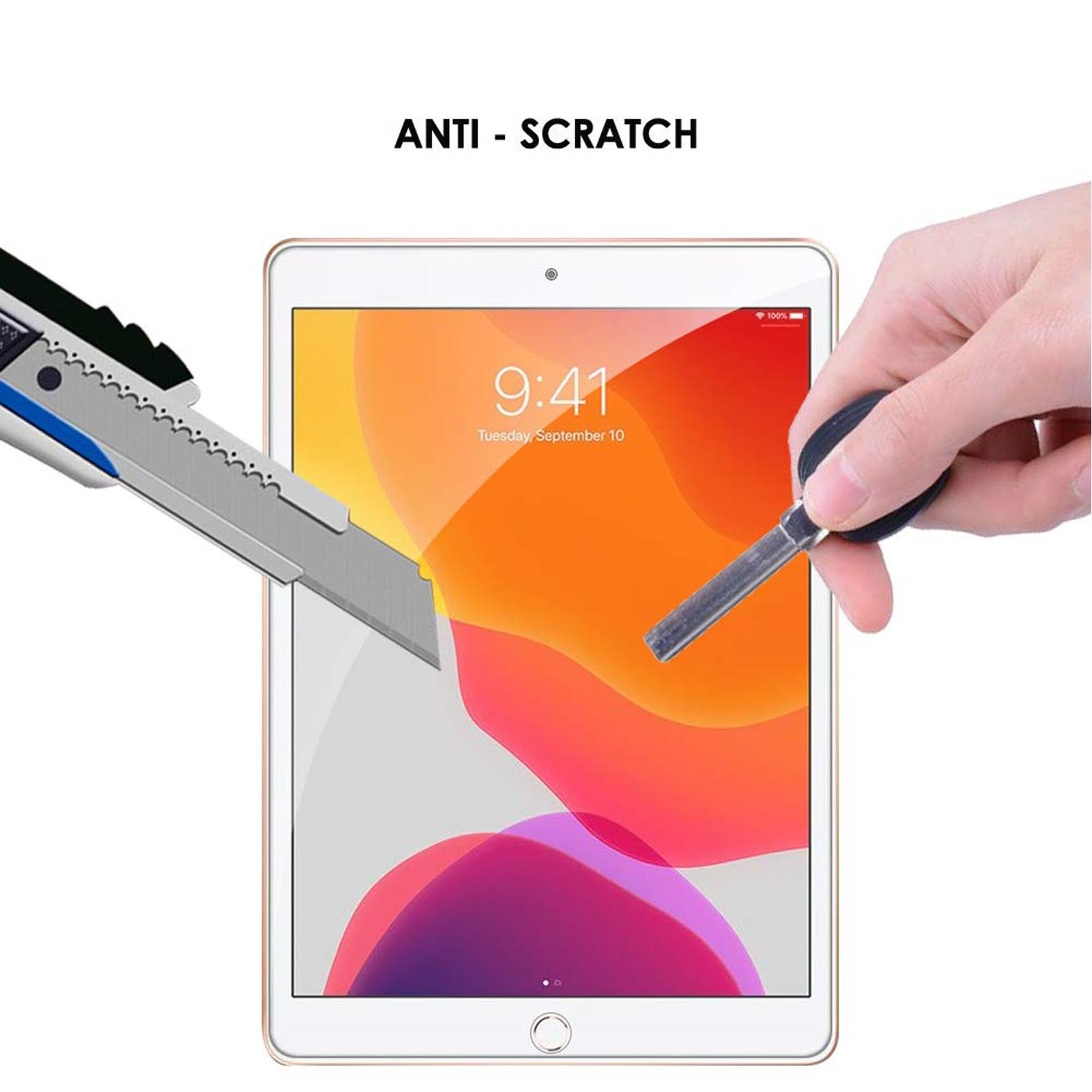 Tablet und Messer, mit Text: Anti-Kratzer. Weißer Hintergrund.