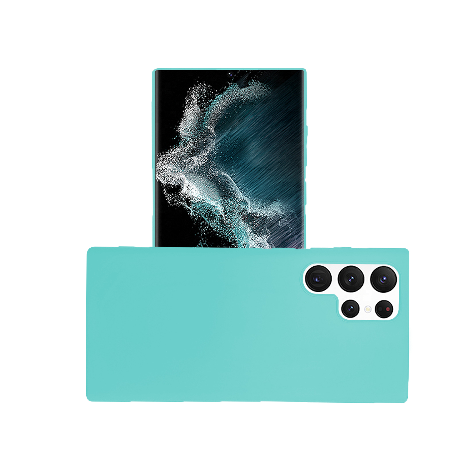Ein Telefon links mit buntem Design und eine mintgrüne Handyhülle rechts.