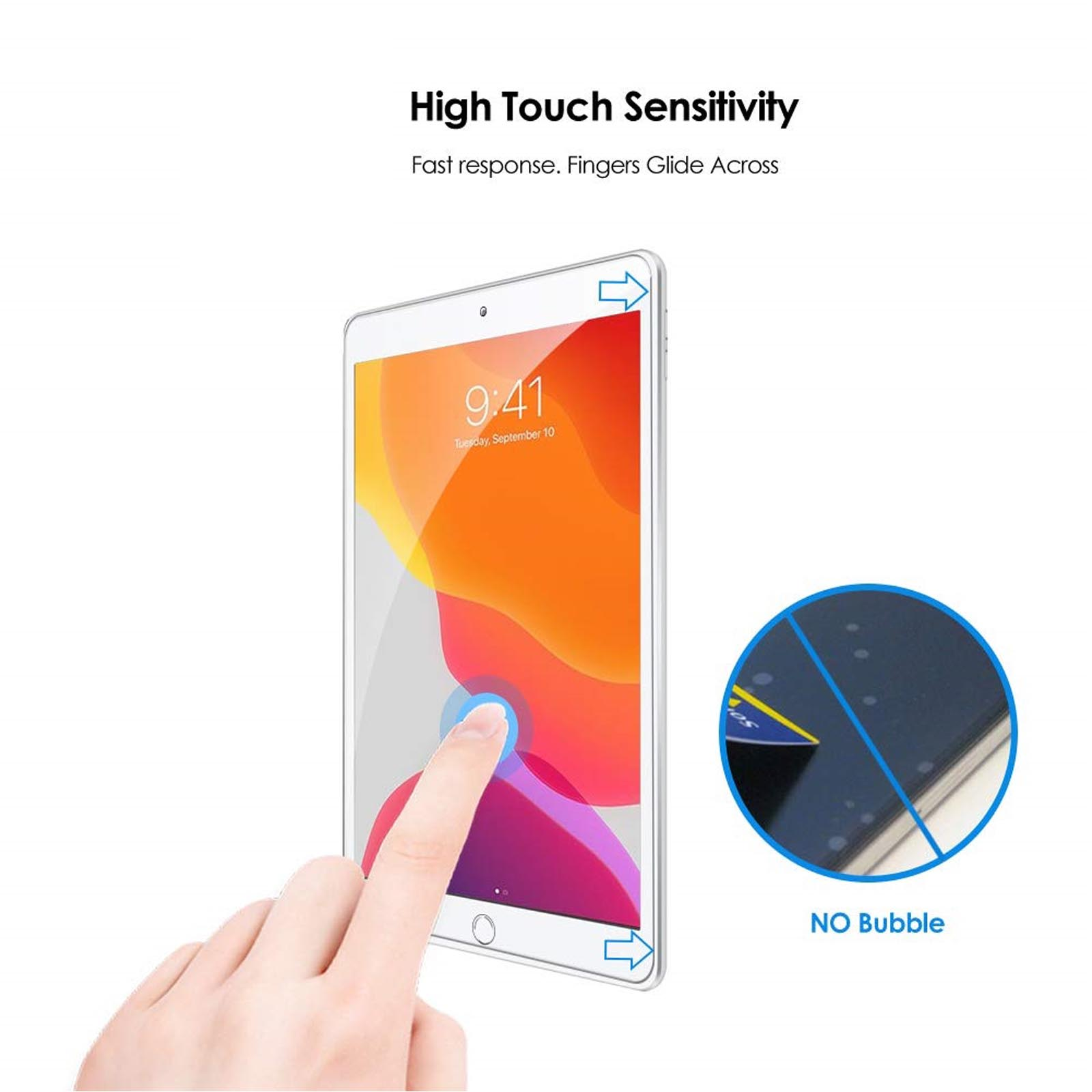 Eine Hand berührt einen Tablet-Bildschirm, zeigt einen Finger, der auf den Bildschirm drückt.