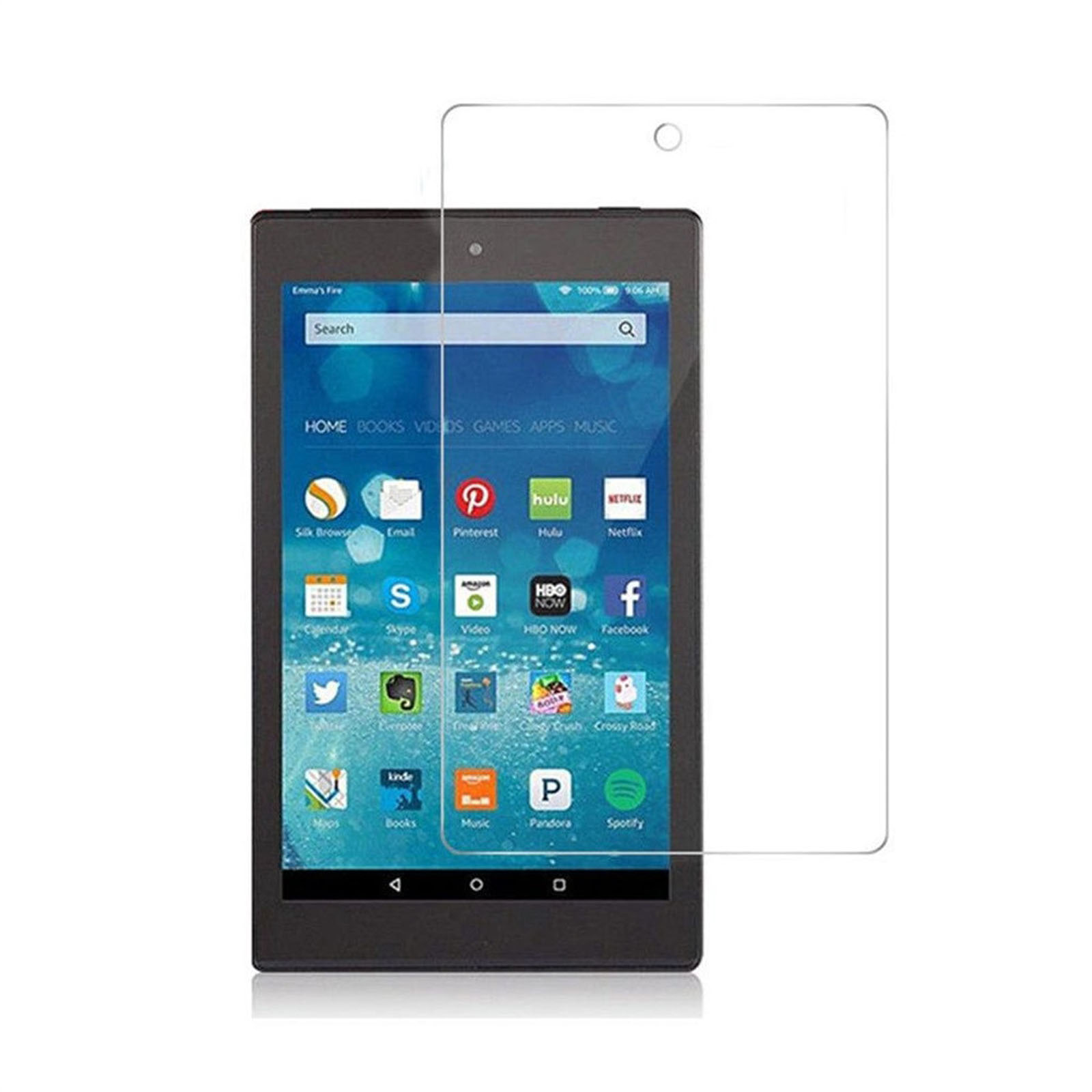 Tablet con protezione schermo. Il tablet ha icone di diverse app. Sfondo bianco.
