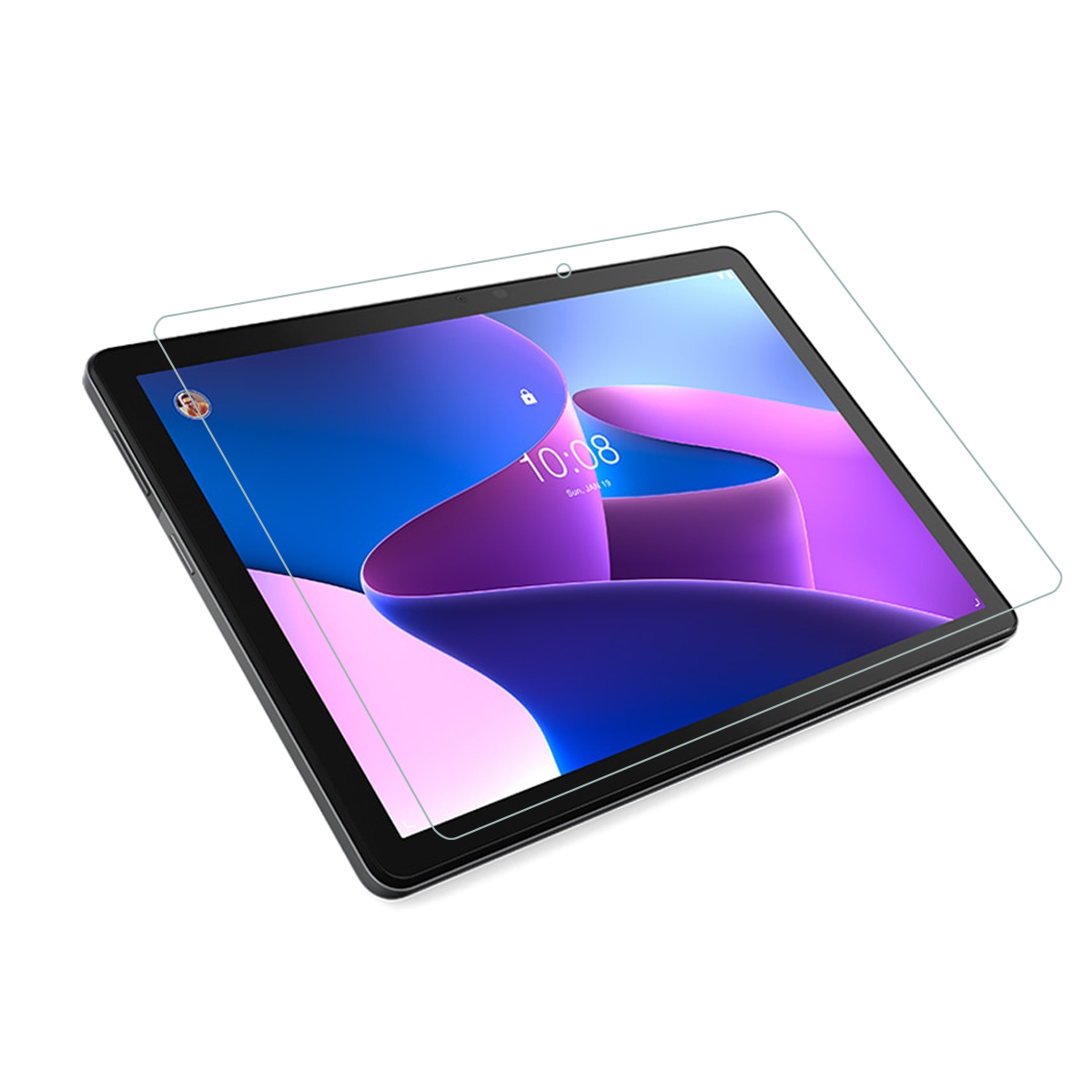 Tablet mit Displayschutz. Tablet hat einen lila-blauen abstrakten Hintergrund. Klarer Schutz.