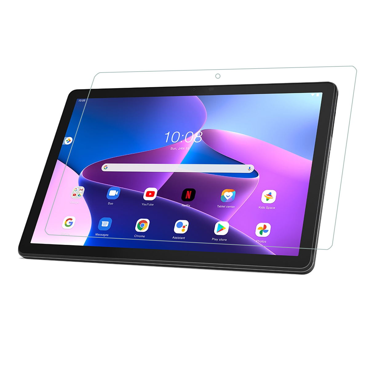 Schwarzes Tablet mit aufgebrachter Displayschutzfolie, zeigt Apps. Weißer Hintergrund.