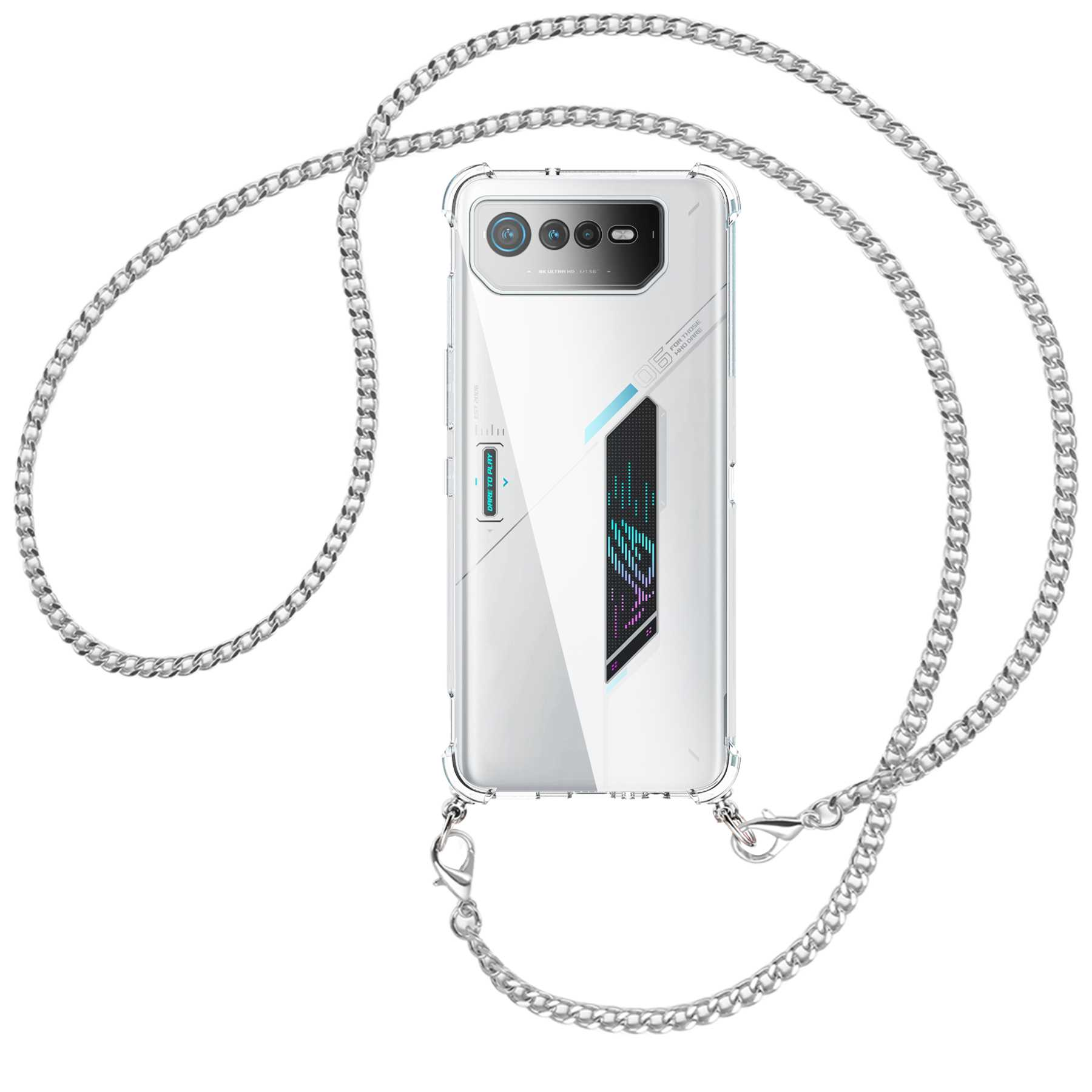 MTB MORE ENERGY 6, Phone ROG Kette Metallkette, Umhänge-Hülle mit 6D, (silber) Backcover, Asus