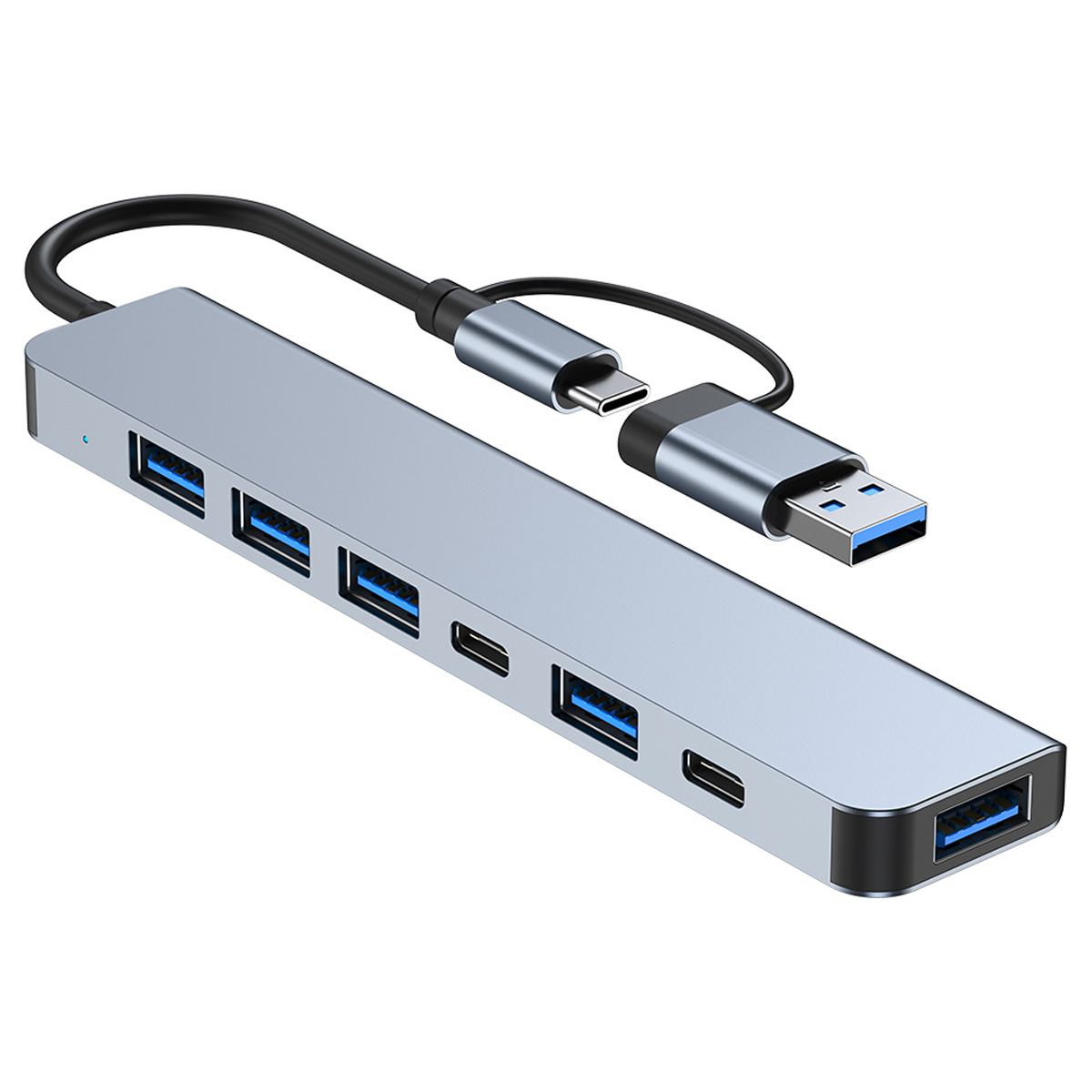 Silberner USB-Hub mit mehreren Anschlüssen und USB-C- und USB-A-Anschluss.