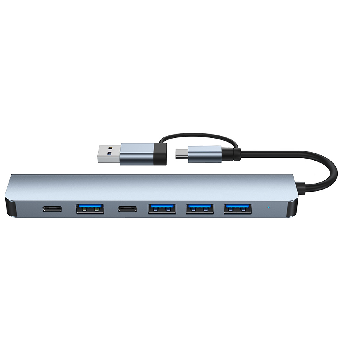 Ein silberner USB-Hub mit mehreren Anschlüssen und einem USB-C-Kabel.