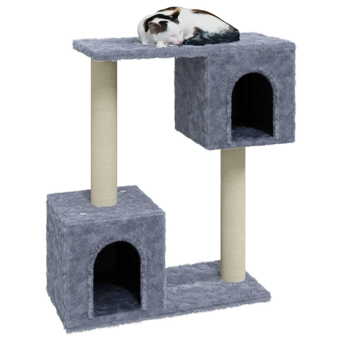 Grauer Katzenbaum mit zwei Höhlen und einer schlafenden Katze. Die Katze hat weißes, braunes und schwarzes Fell.