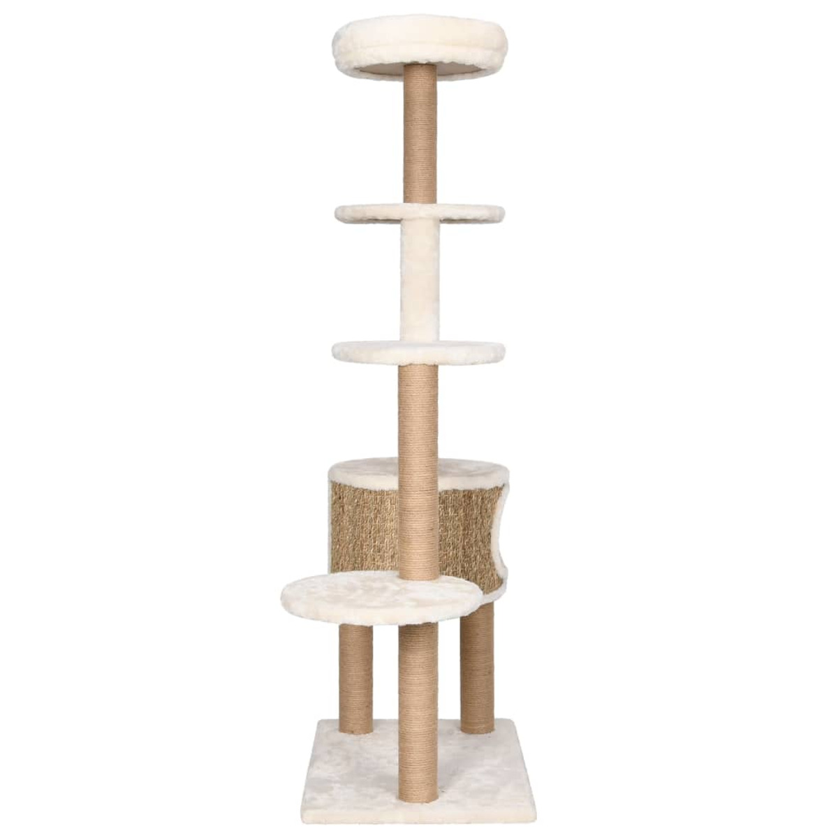 Hoher Katzenbaum mit mehreren Plattformen und Kratzbäumen, beige Farbe, auf hellem Hintergrund.