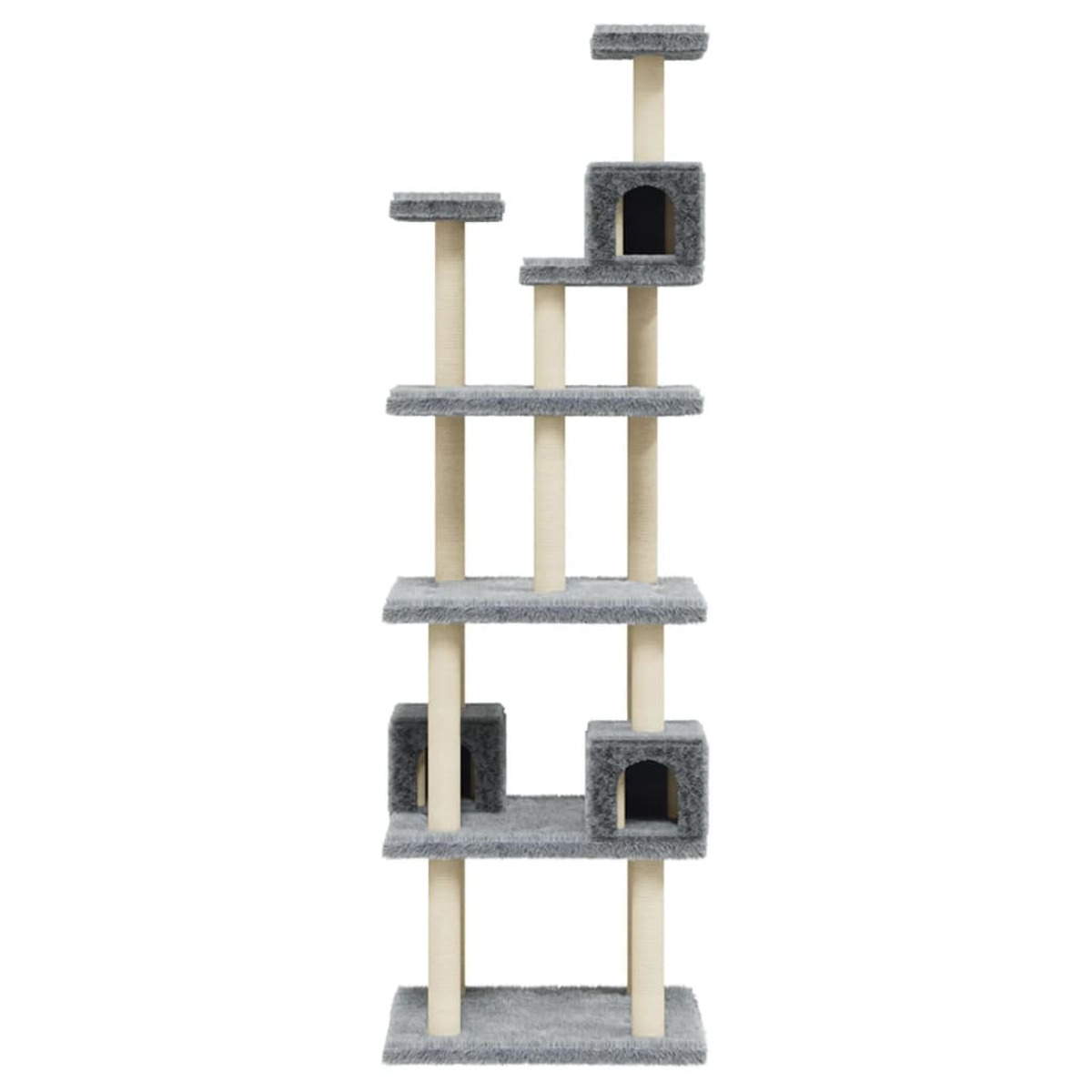 Hoher Katzenturm mit Plattformen und Kratzbäumen, grau-beiges Farbschema.