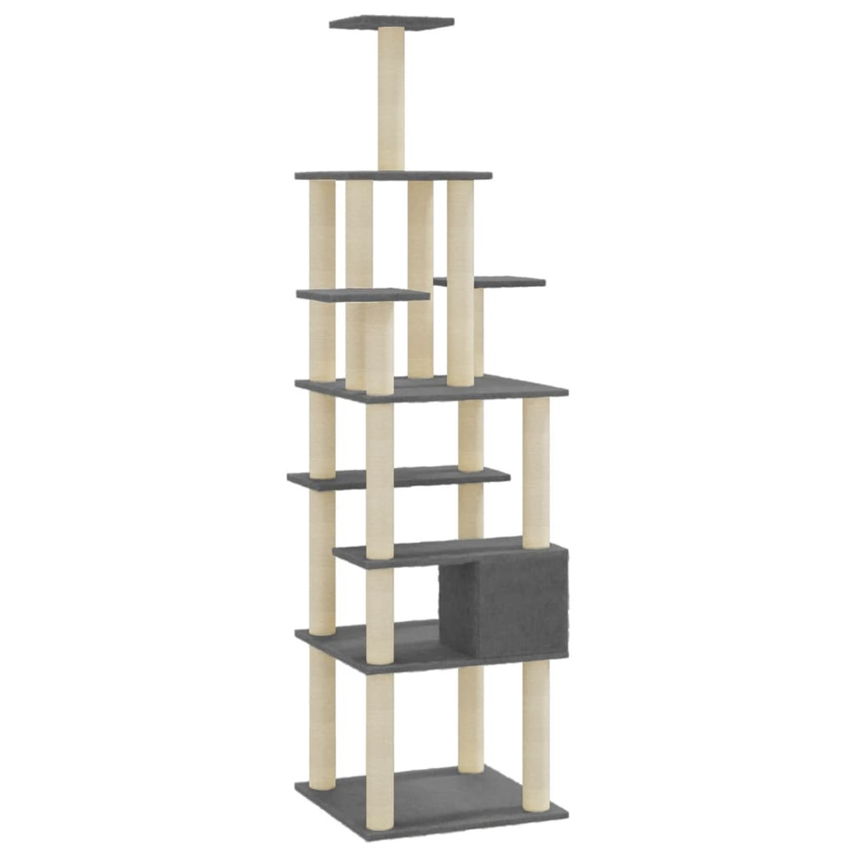 Hoher Katzenbaum. Beige Pfosten, graue Plattformen und Würfel. Weißer Hintergrund.