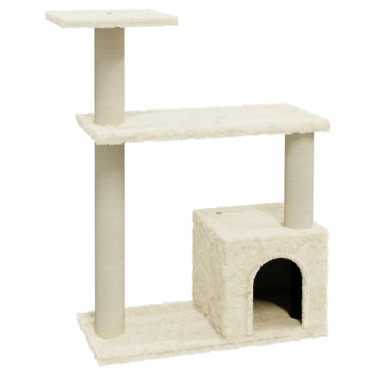 Ein beiger Katzenbaum wird angezeigt. Er hat drei Ebenen mit Kratzbäumen und einem Häuschen. Der Hintergrund ist weiß.