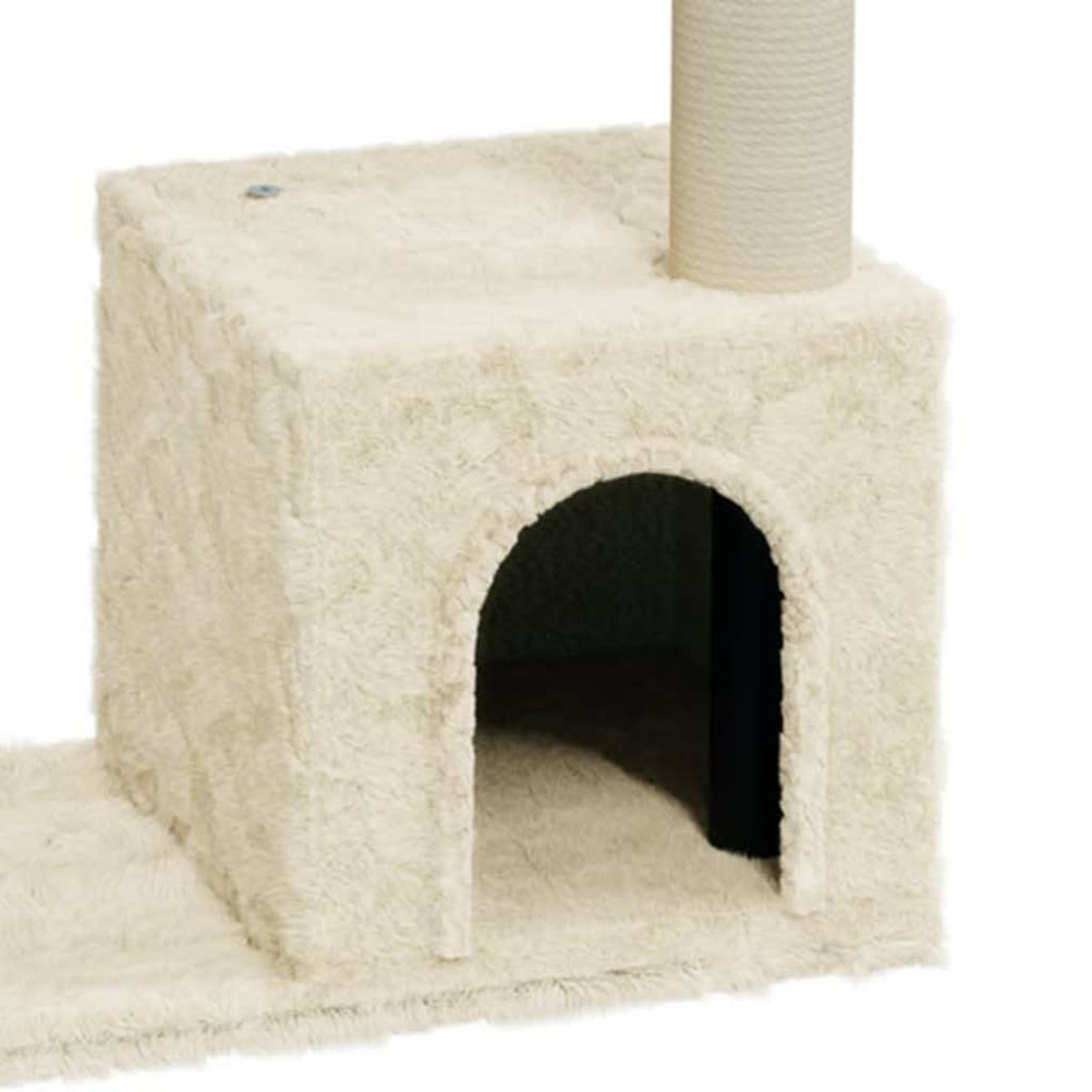 Beiger Katzenbaum mit Höhle und Kratzbaum. Kunstfell, neutrale Farben.