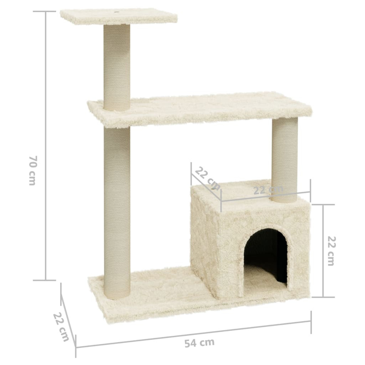 Katzenbaum mit Maßen. Beige und weiße Farben.