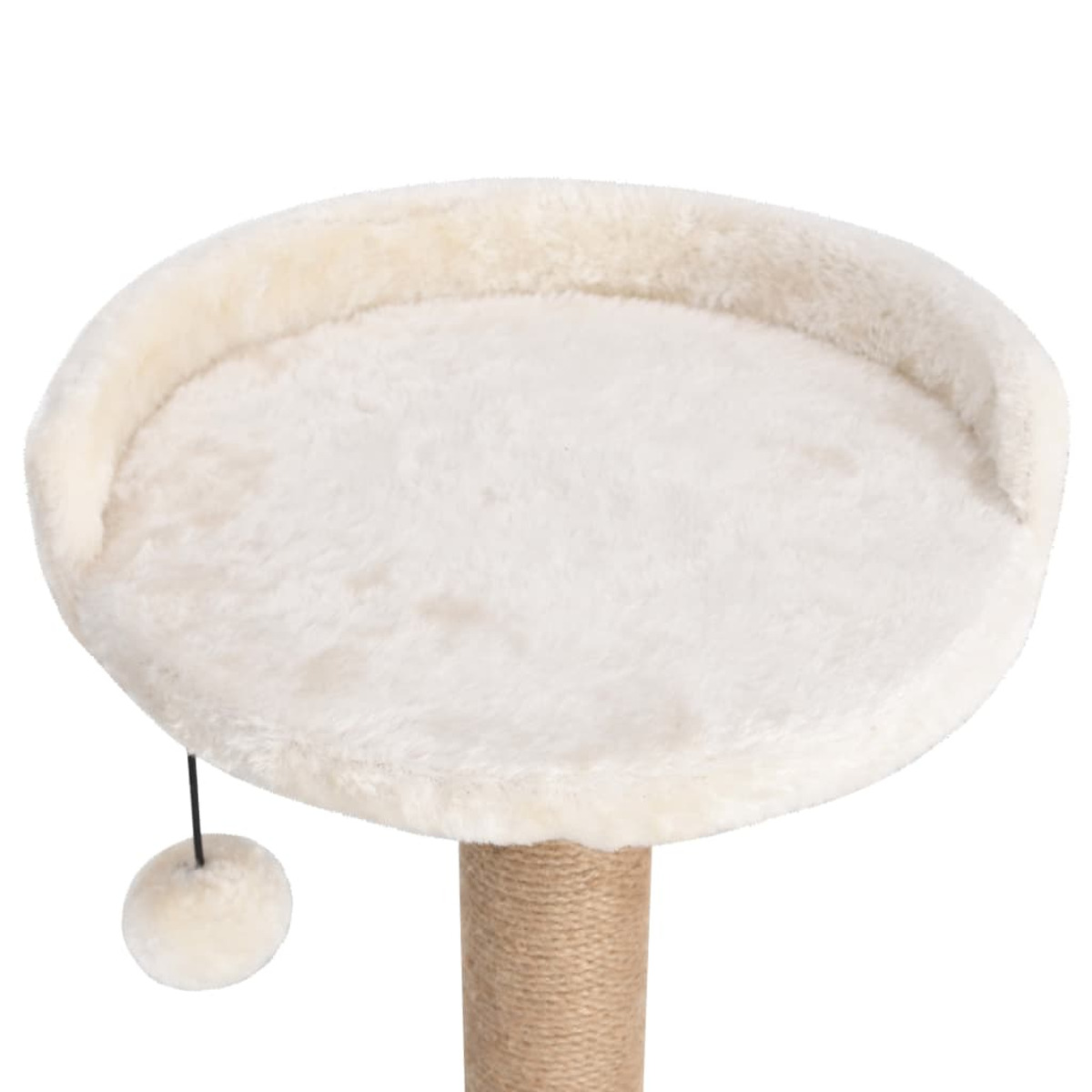 Katzenbaum mit rundem, flauschigem Bett. Beige Farbe. Weißer Hintergrund.