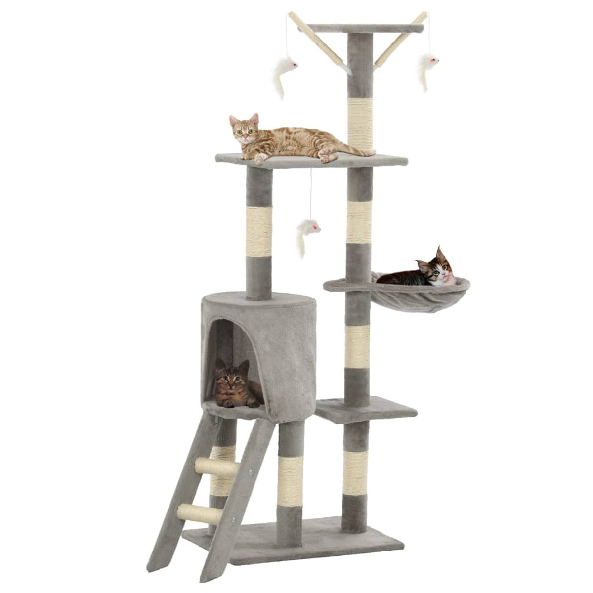 Ein mehrstöckiger Katzenbaum mit drei Katzen. Eine Katze ist im Haus, zwei auf Plattformen.