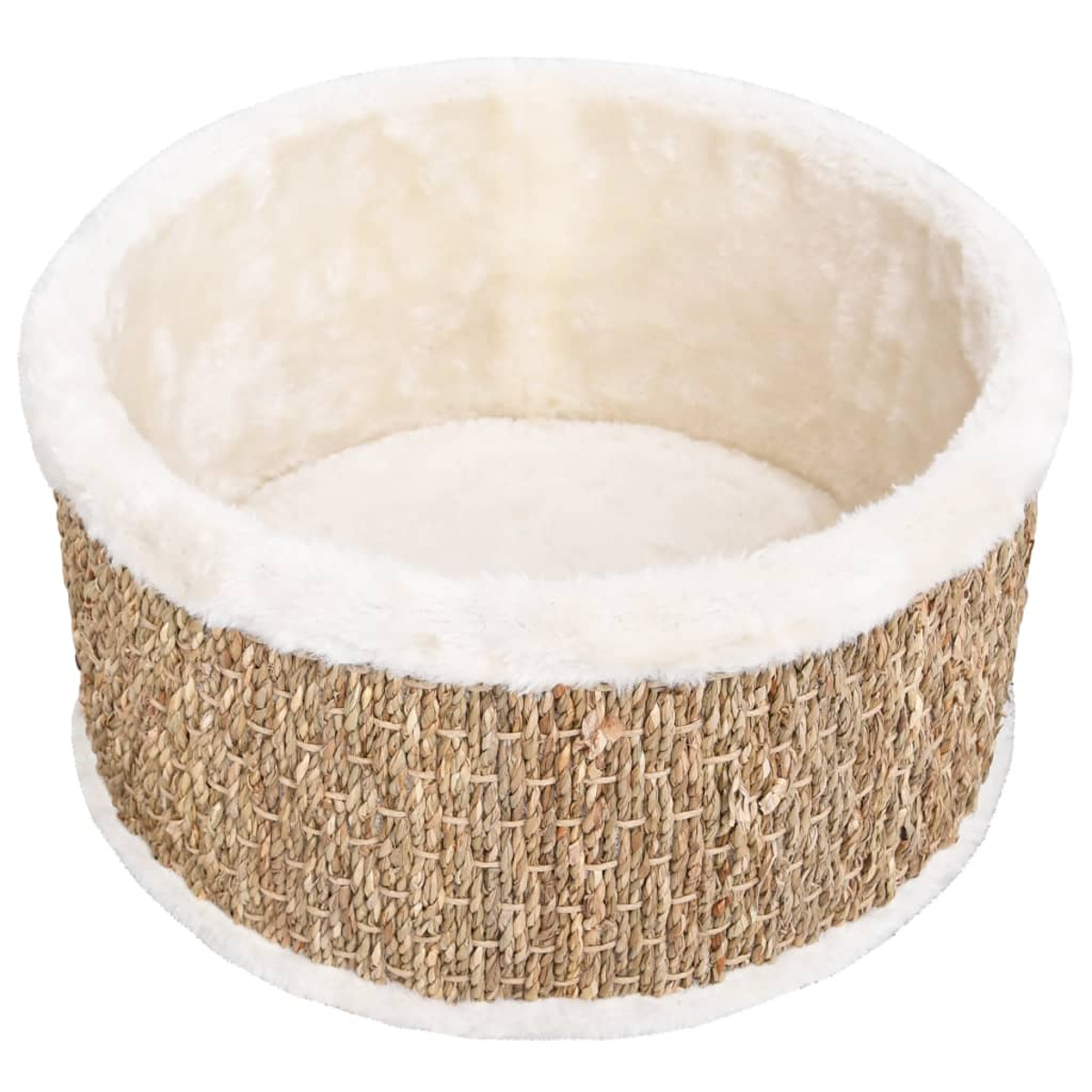 Rundes, gewebtes Katzenbett. Beige und braun, mit weichem, cremefarbenem, pelzigem Innenfutter.