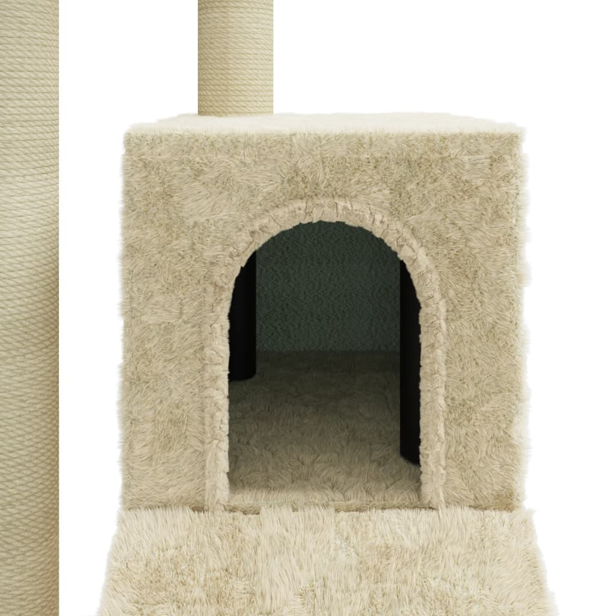Nahaufnahme eines Katzenbaumhauses mit pelzigen Wänden und Bogeneingang.