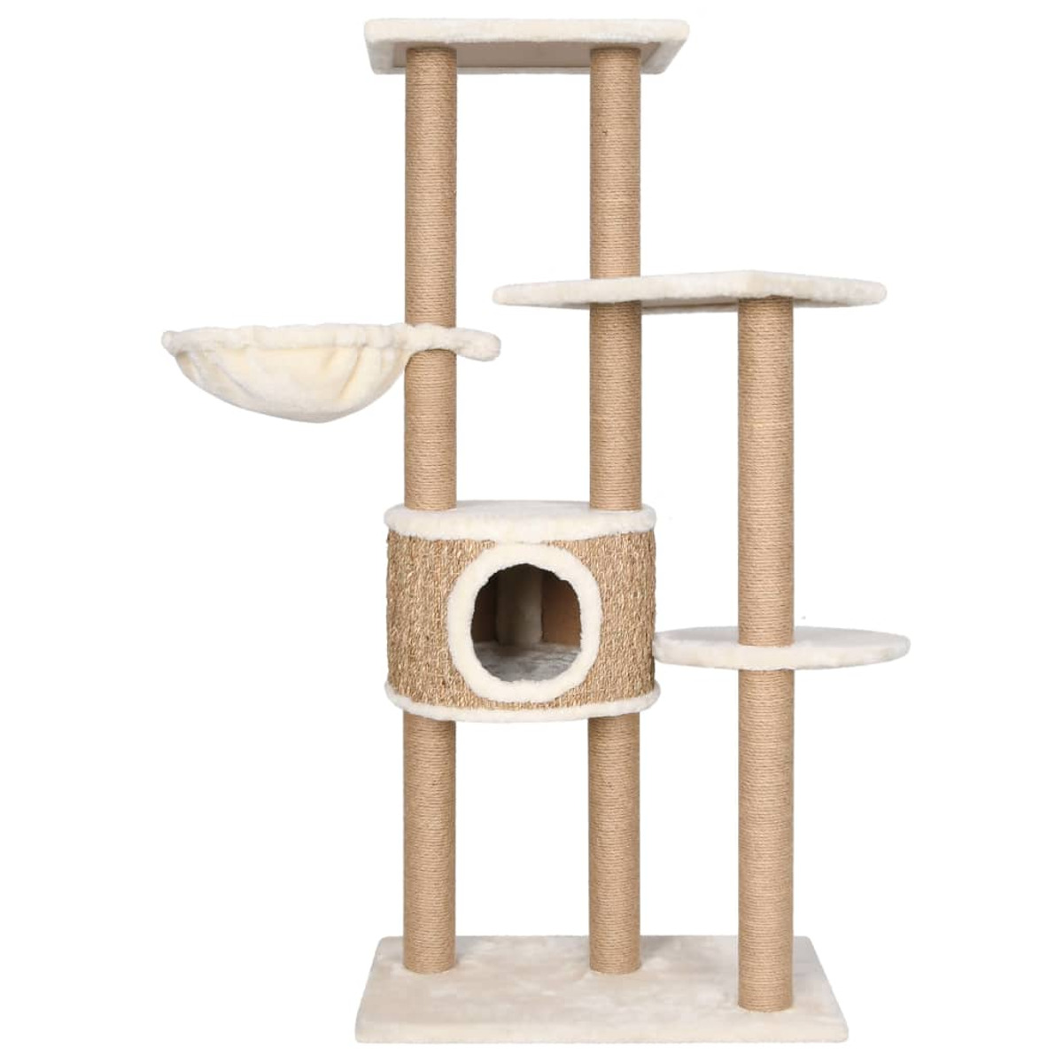 Katzenbaum mit mehreren Ebenen, einer Hängematte und einem Katzenhaus. Braun und beige.