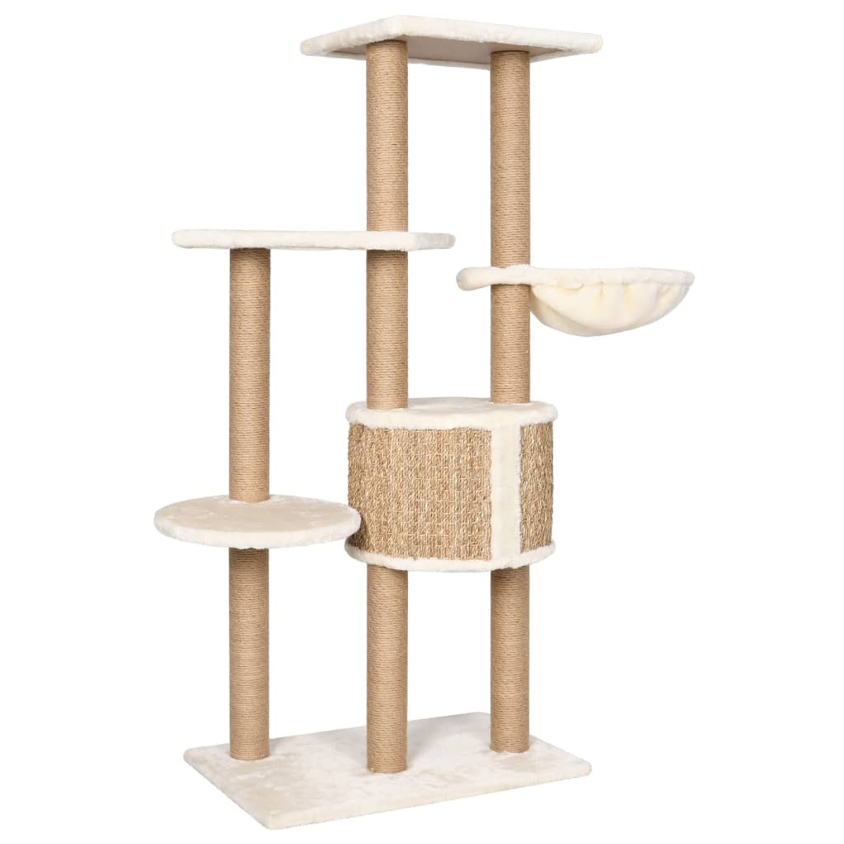 Mehrstöckiger Katzenbaum mit mehreren Plattformen, einer Hängematte und Sisalstangen.