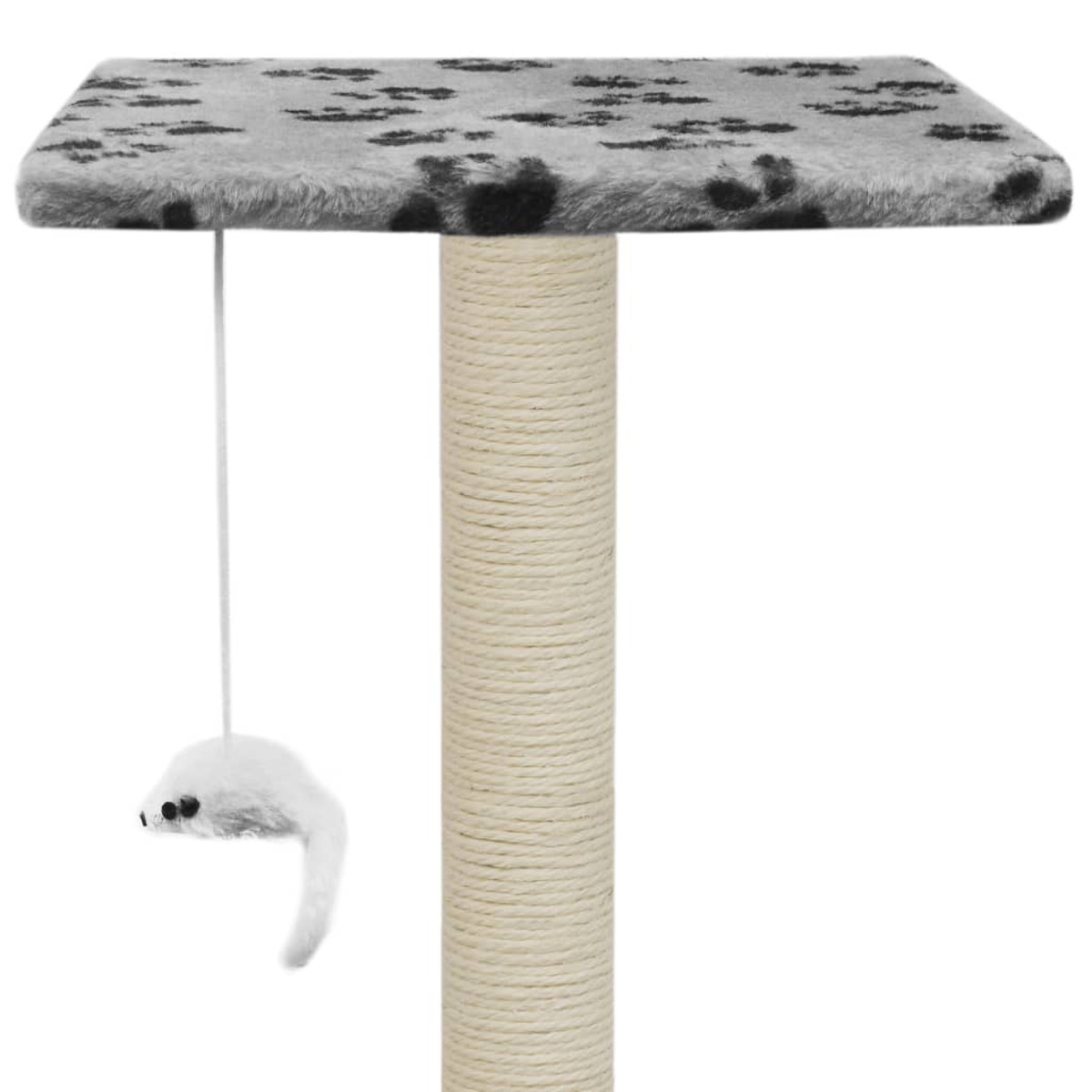 Ein grauer Katzenbaum mit einem baumelnden Spielzeug. Er hat eine Plattform mit Pfotenabdrücken und eine seilumwickelte Stange.