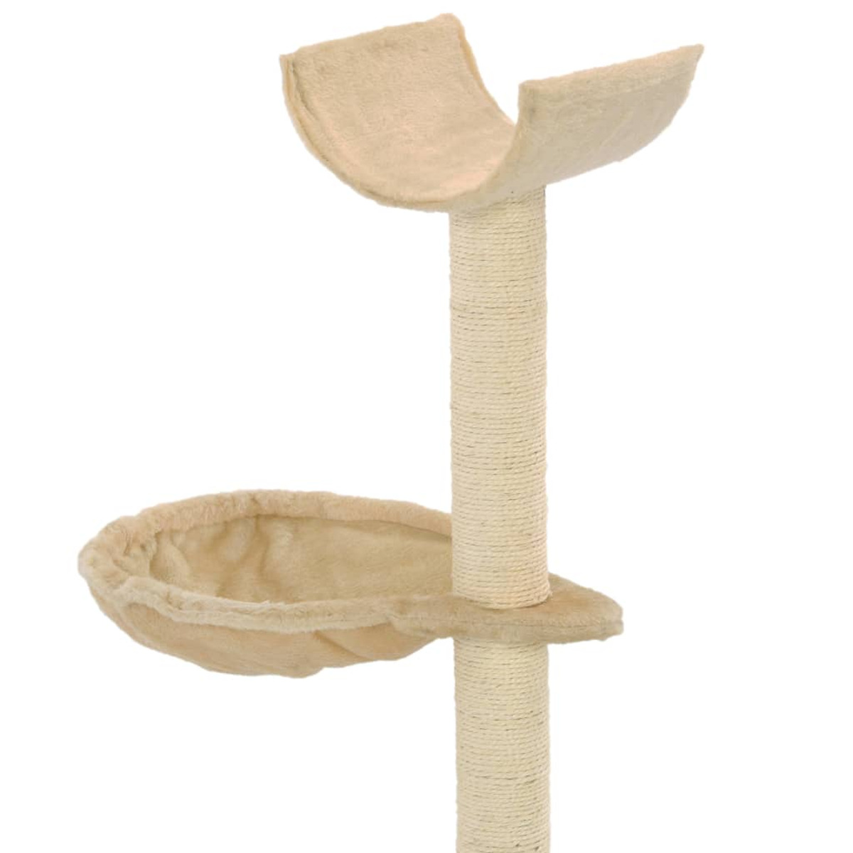 Ein Katzenbaum in Beige, mit einer Hängematte und einem Sitzplatz.