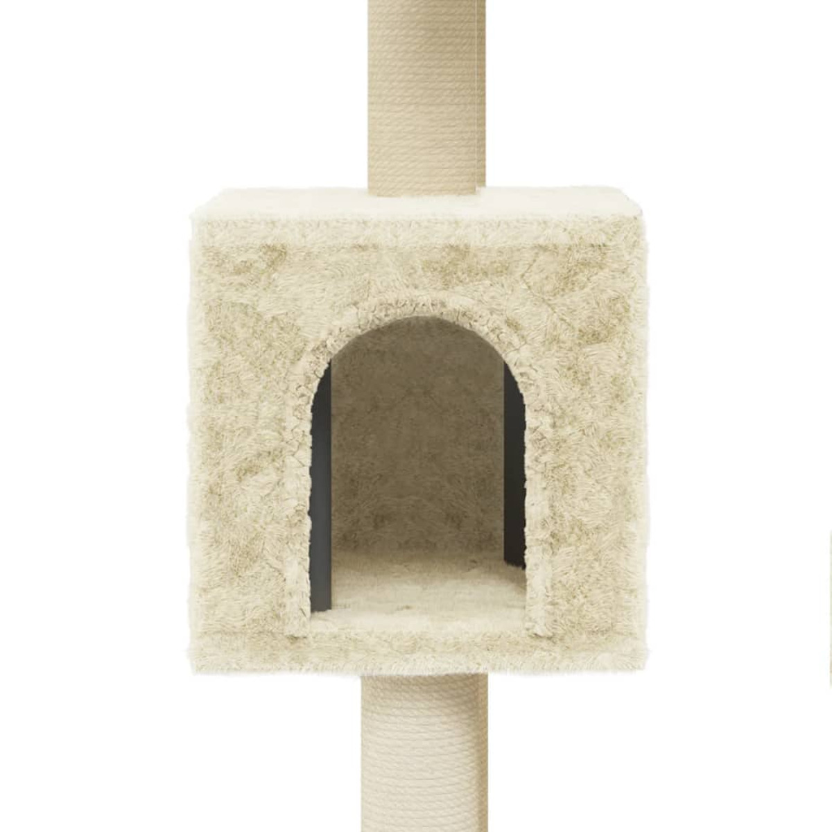 Ein Katzenbaum mit einem Häuschen. Das Häuschen hat eine hellbeige Farbe.
