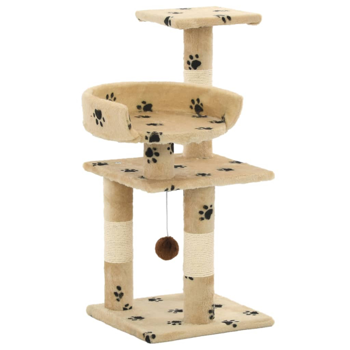 Ein Katzenbaum mit mehreren Ebenen. Er ist beige mit Pfotenabdrücken und einem hängenden Ball.