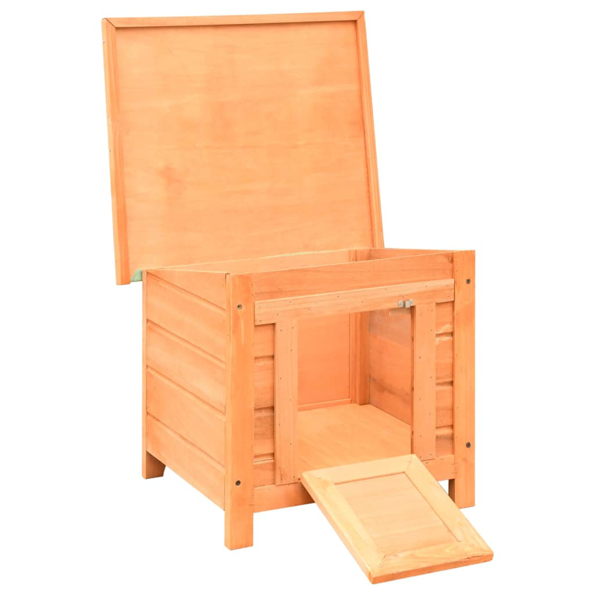 Hundehaus aus Holz. Es hat eine offene Tür und das Dach ist offen. Das Haus ist auf weißem Grund.