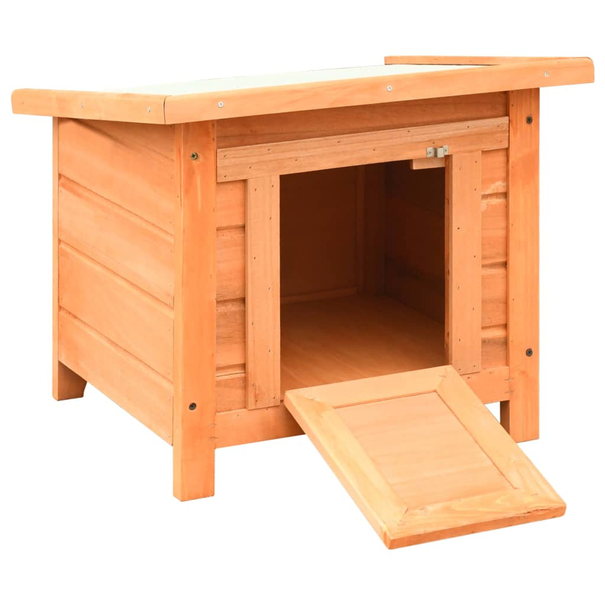 Holz-Hundehütte mit offener Tür.