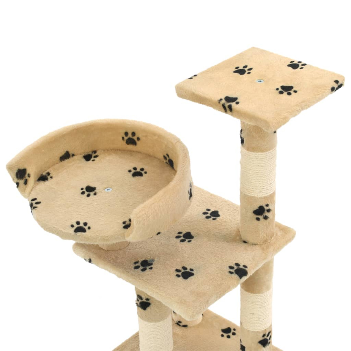 Beiger Katzenbaum mit mehreren Ebenen, Kratzbäumen und Pfotenabdrücken.