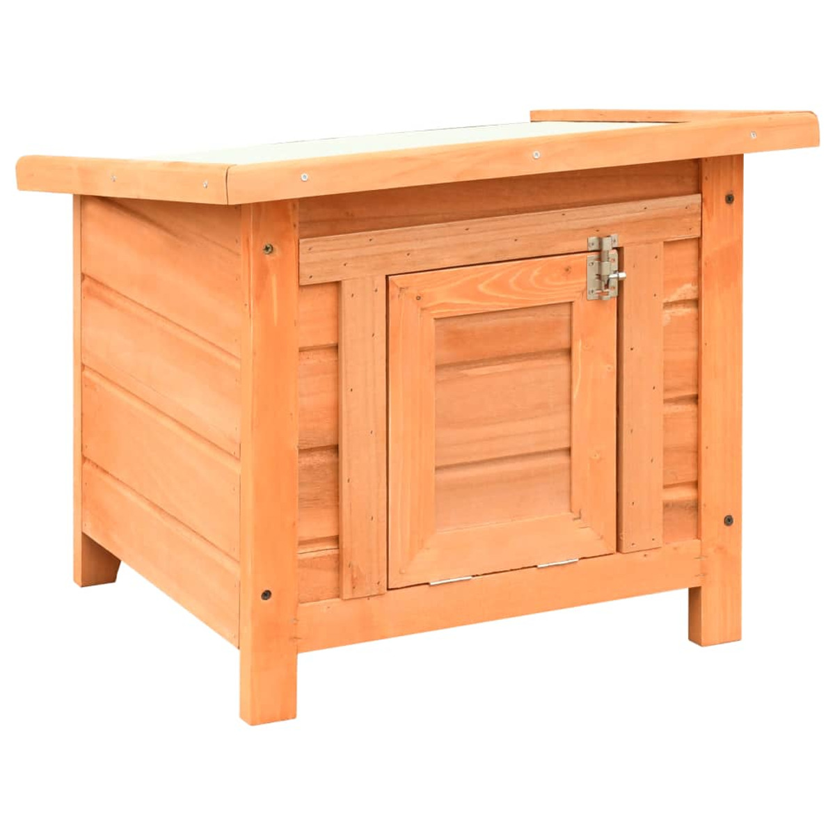 Hundehütte aus Holz mit schrägem Dach. Eine Tür mit Riegel befindet sich an der Vorderseite. Braune Farbe.