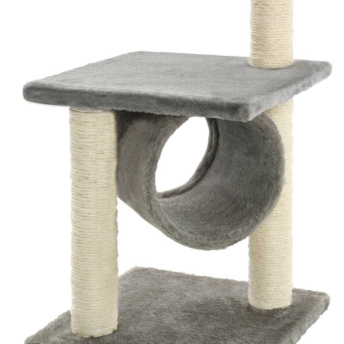 Katzenbaum mit mehreren Ebenen. Die Oberseite hat eine quadratische Plattform. Es gibt einen Tunnel.