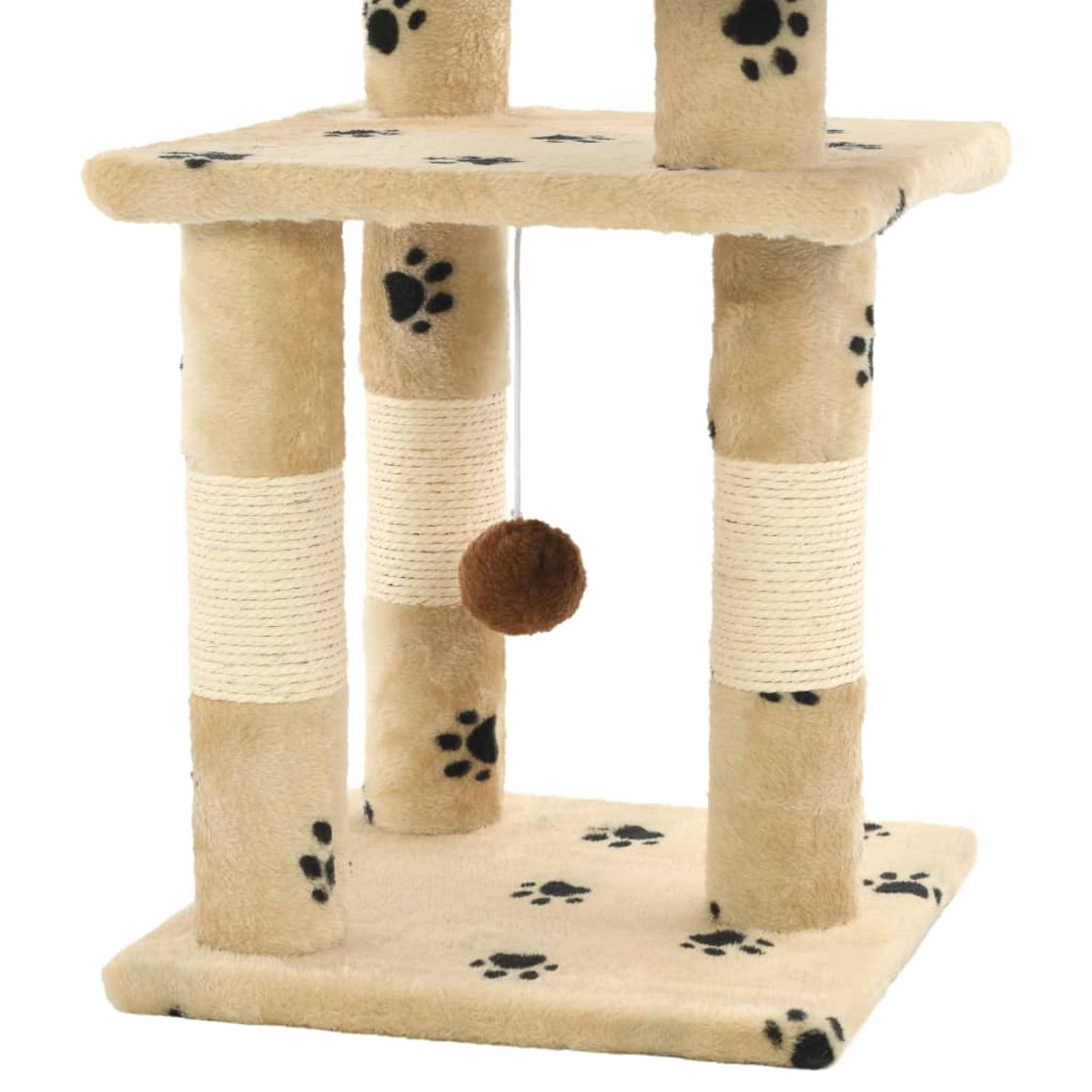 Katzenbaum mit beigen Pfosten und Plattformen. Schwarze Pfotenabdrücke. Brauner Ball hängt.