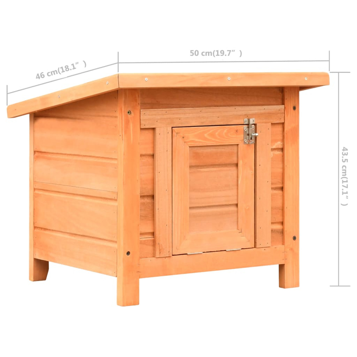 Katzenhaus aus Holz mit Abmessungen. Es hat ein Satteldach, eine Tür und einen Riegel. Die Maße sind beschriftet.