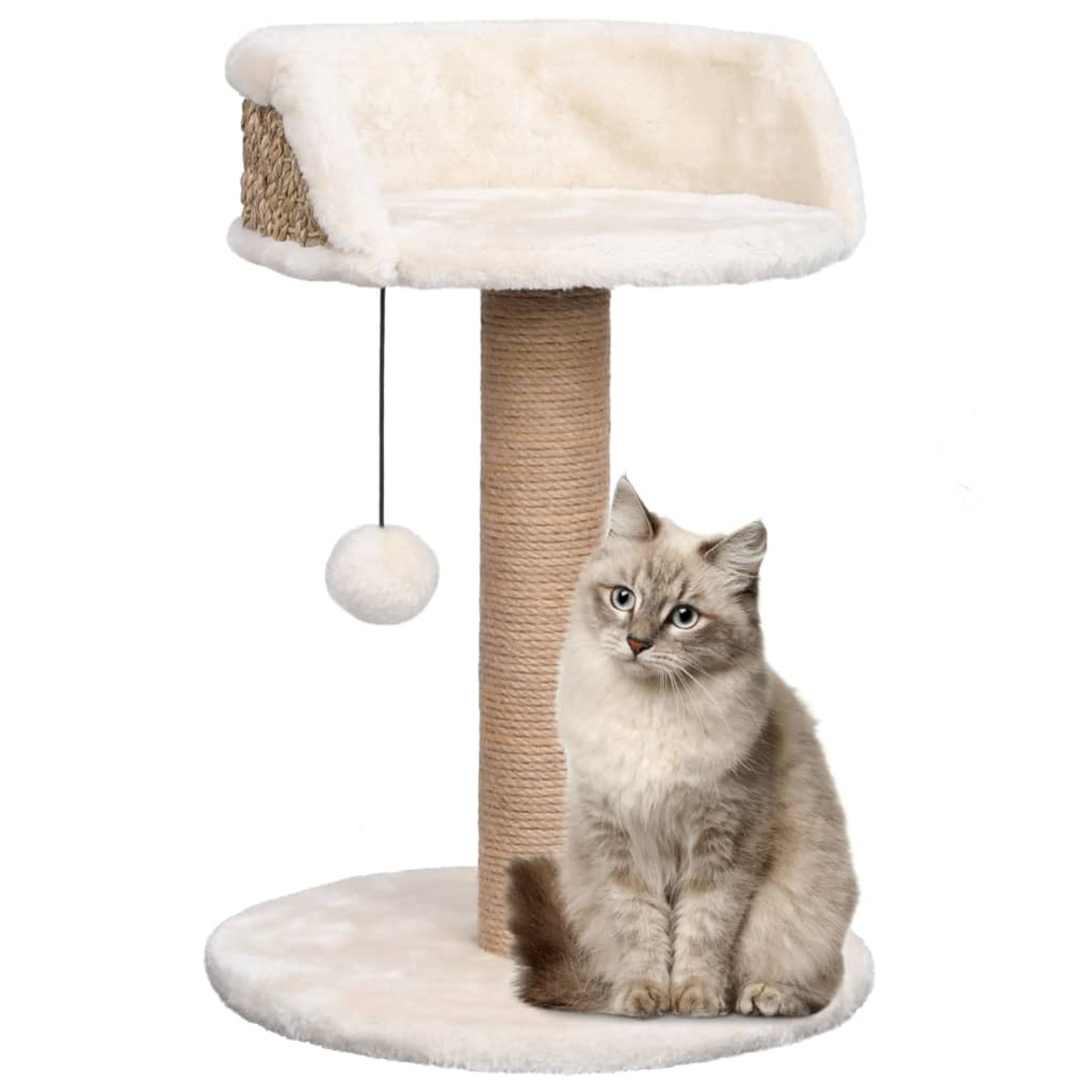 Katzenbaum mit Katze. Der Baum ist beige und weiß, die Katze grau und weiß.