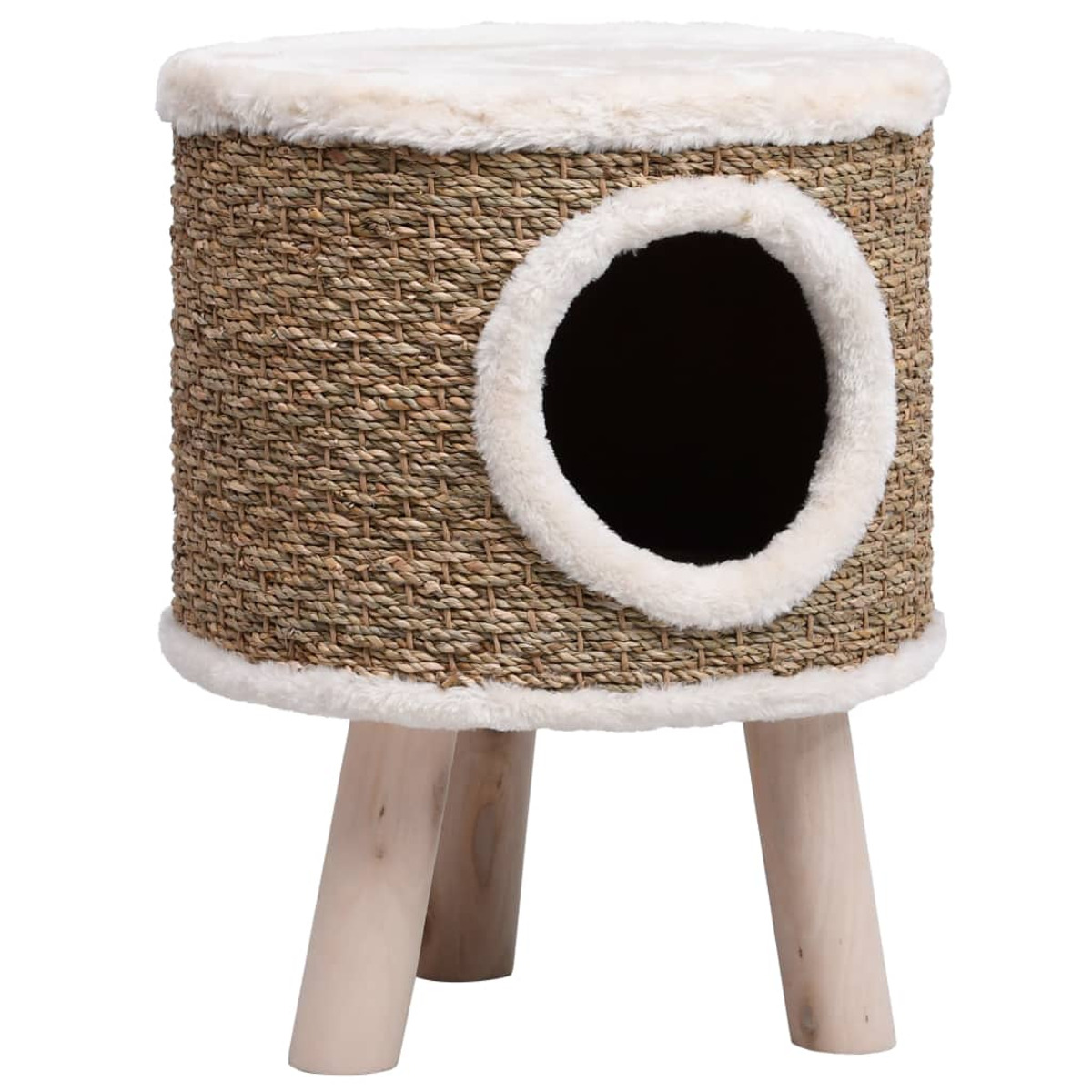Katzenturm mit einer gewebten Höhle auf Holzbeinen und einem flauschigen Rand. Beige und weiße Farben.
