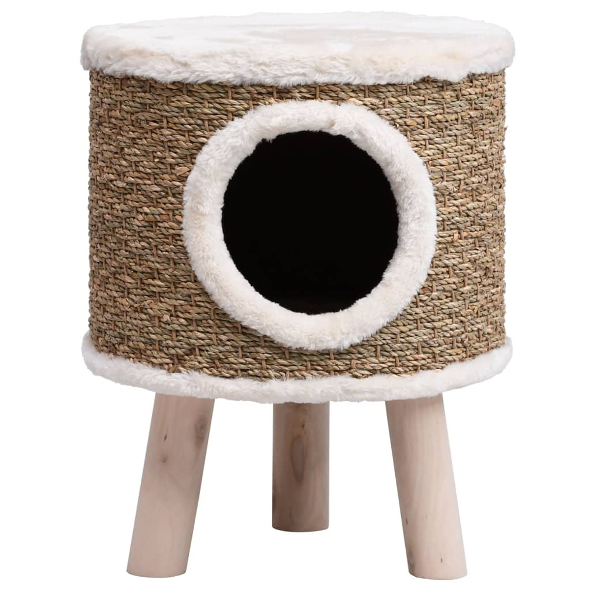 Ein Katzenhaus mit runder Öffnung und drei Holzbeinen. Das Haus ist braun und beige.